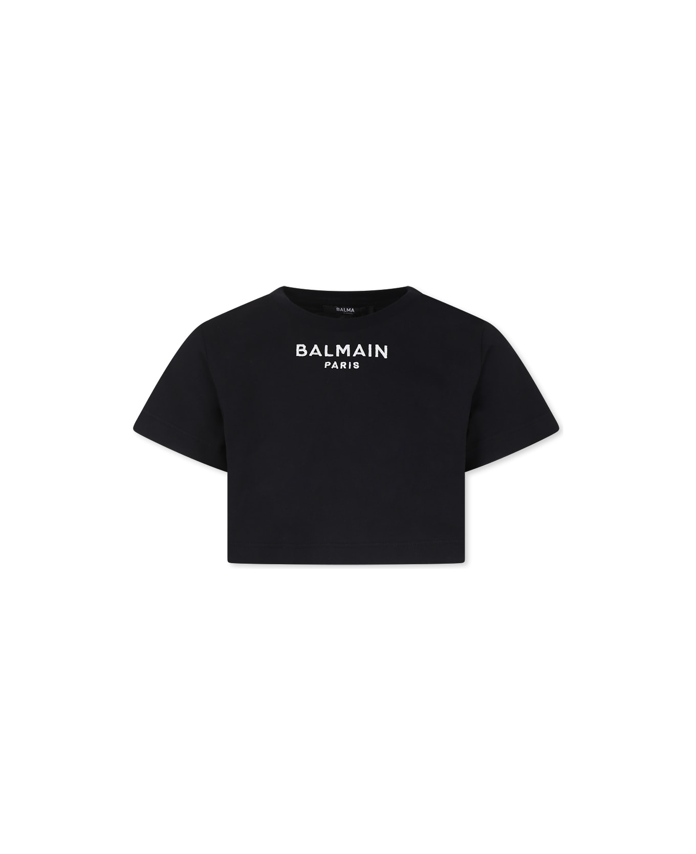 Balmain Black Crop T-shirt For Girl With Logo - Black