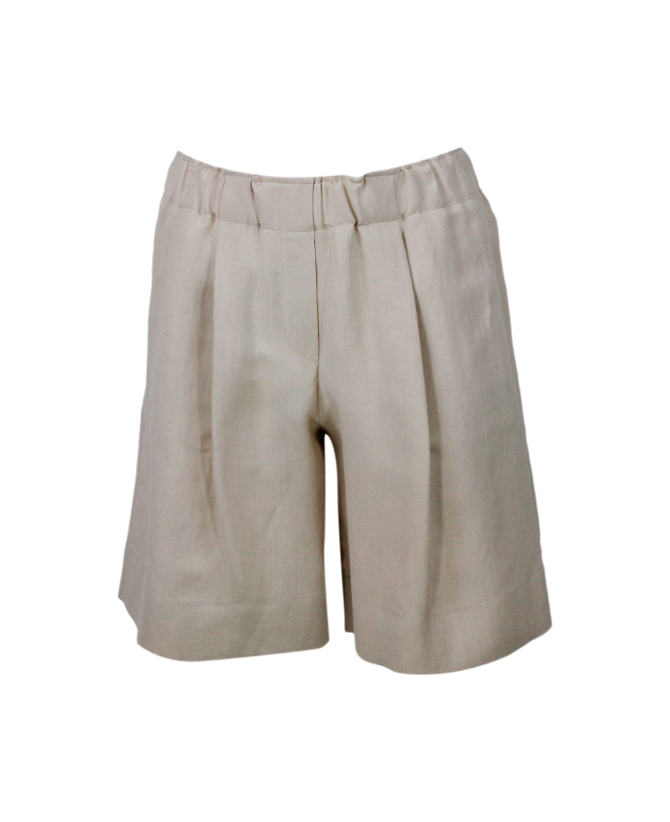 Antonelli Knee-length Bermuda Shorts In Linen Blend With Small Darts And Elasticated Waist - Beige