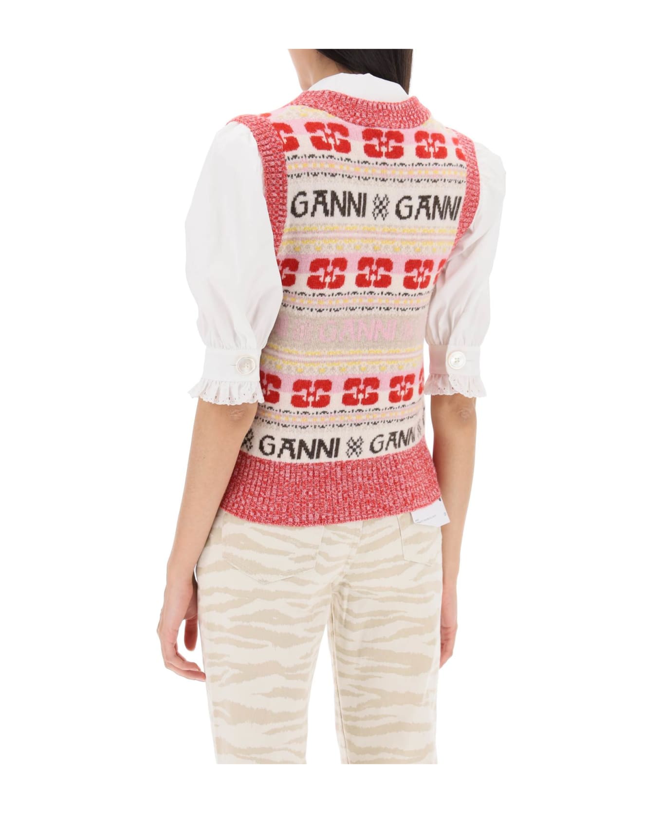 Ganni Vest In Jacquard Knit With Graphic Logo Motif - Red