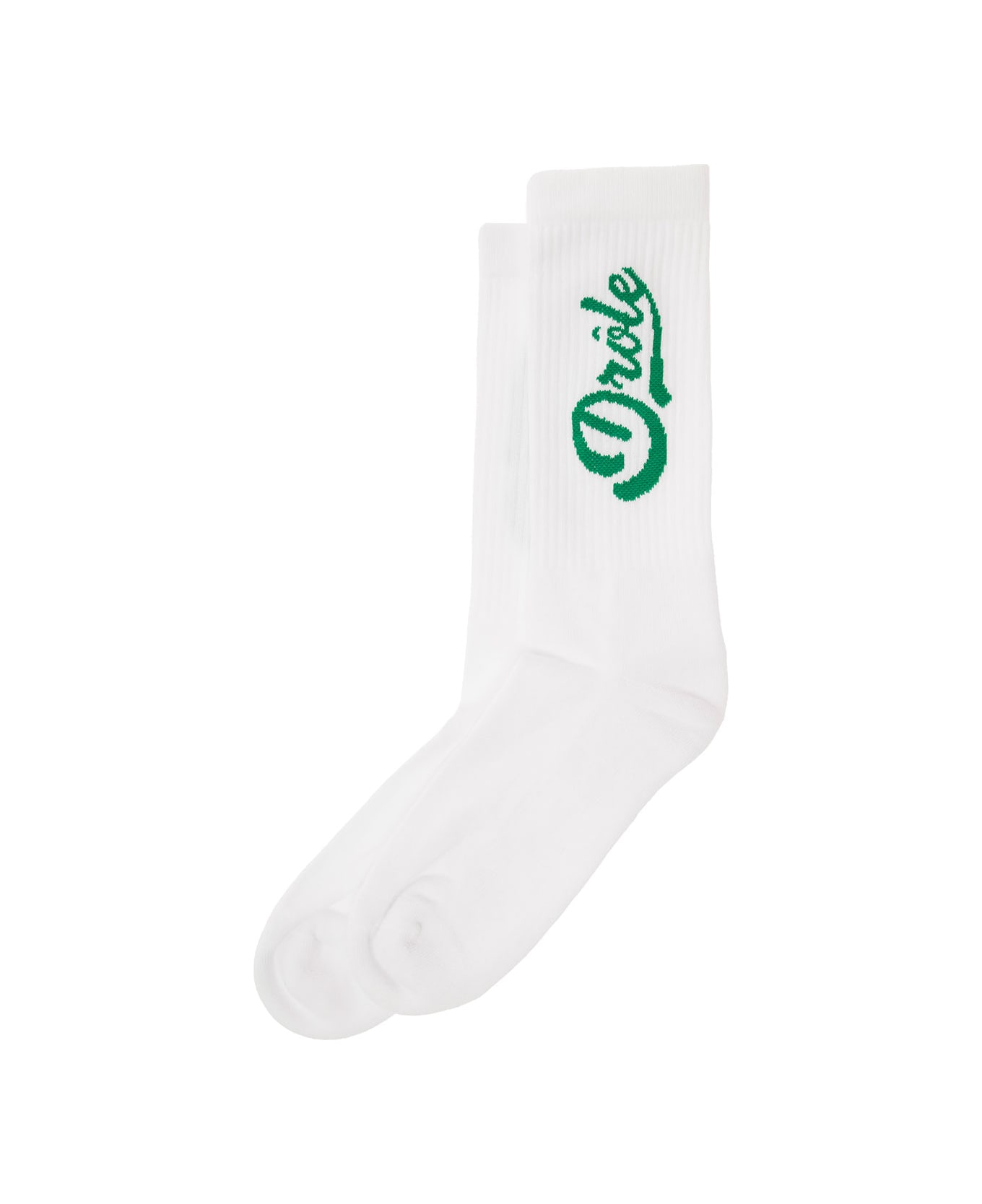 Drôle de Monsieur White Ribbed Socks With Green-colored Logo In Cotton Man - White