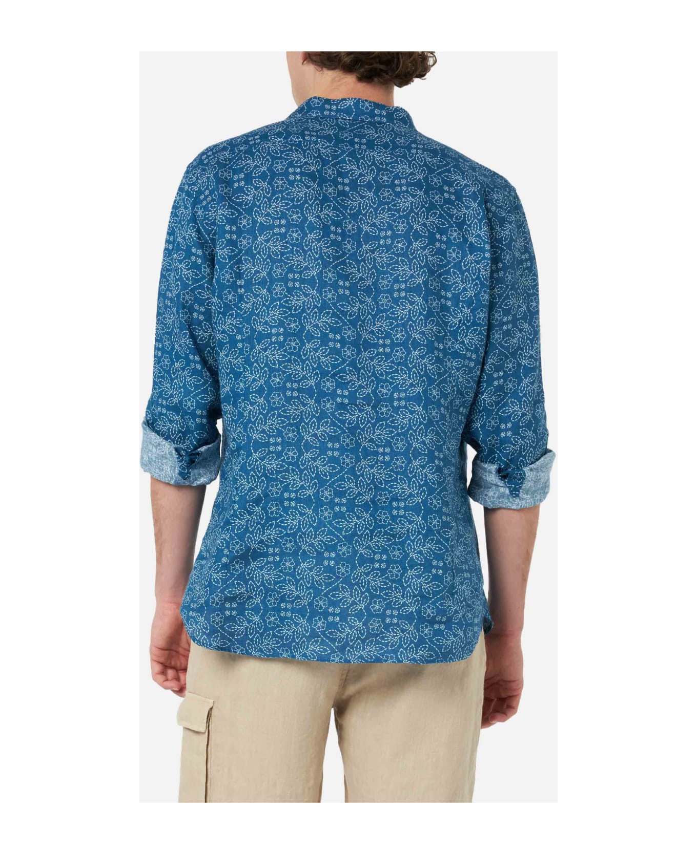 MC2 Saint Barth Navy Blue Linen Shirt Pamplona With Sashiko Print - BLUE