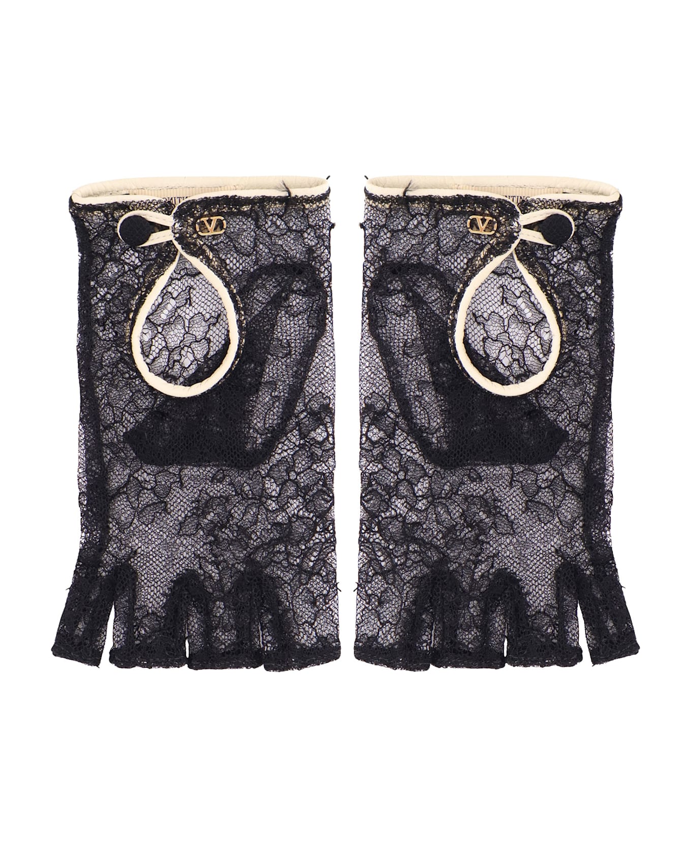 Valentino Garavani Lace Gloves With Leather Profiles - NERO/BURRO/ORO
