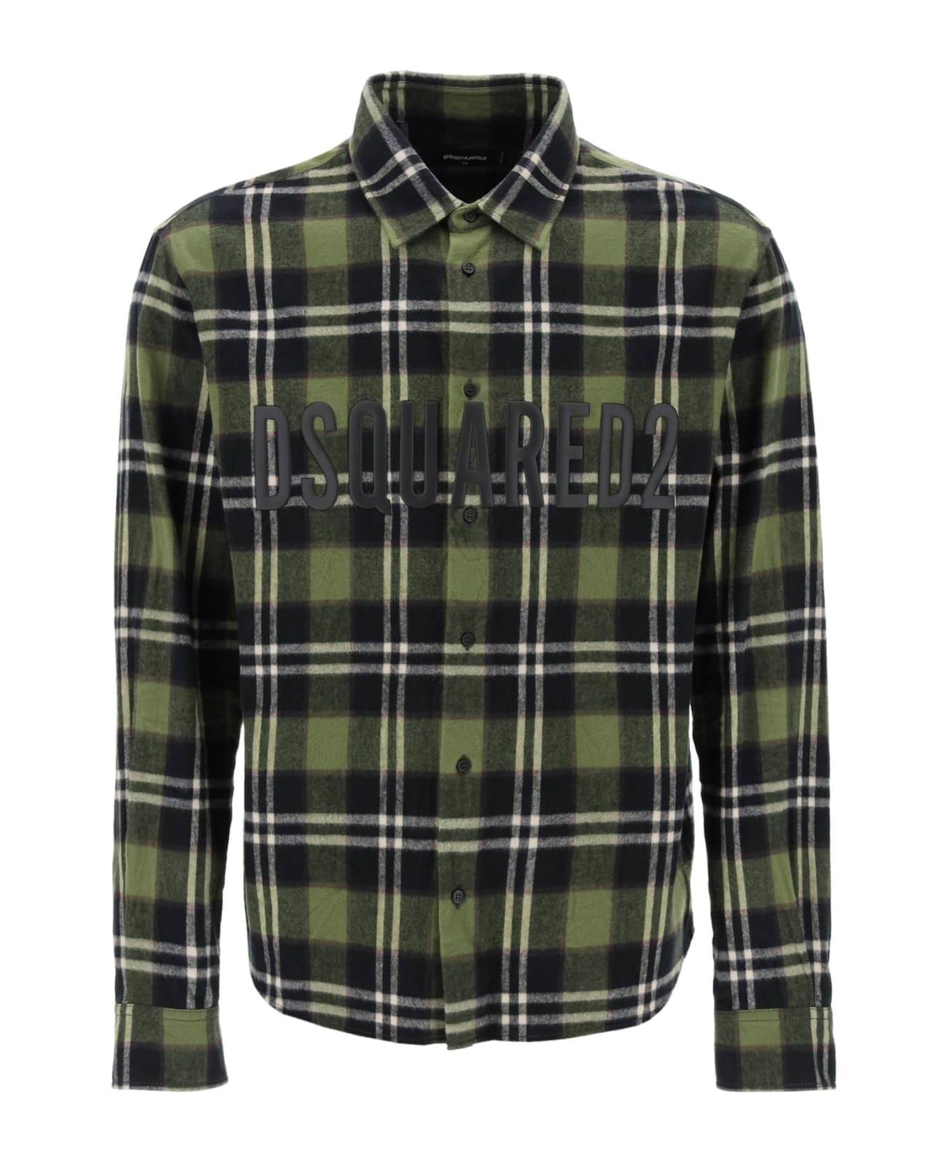Dsquared2 Check Flannel Shirt With Rubberized Logo - GREEN BROWN (Green)