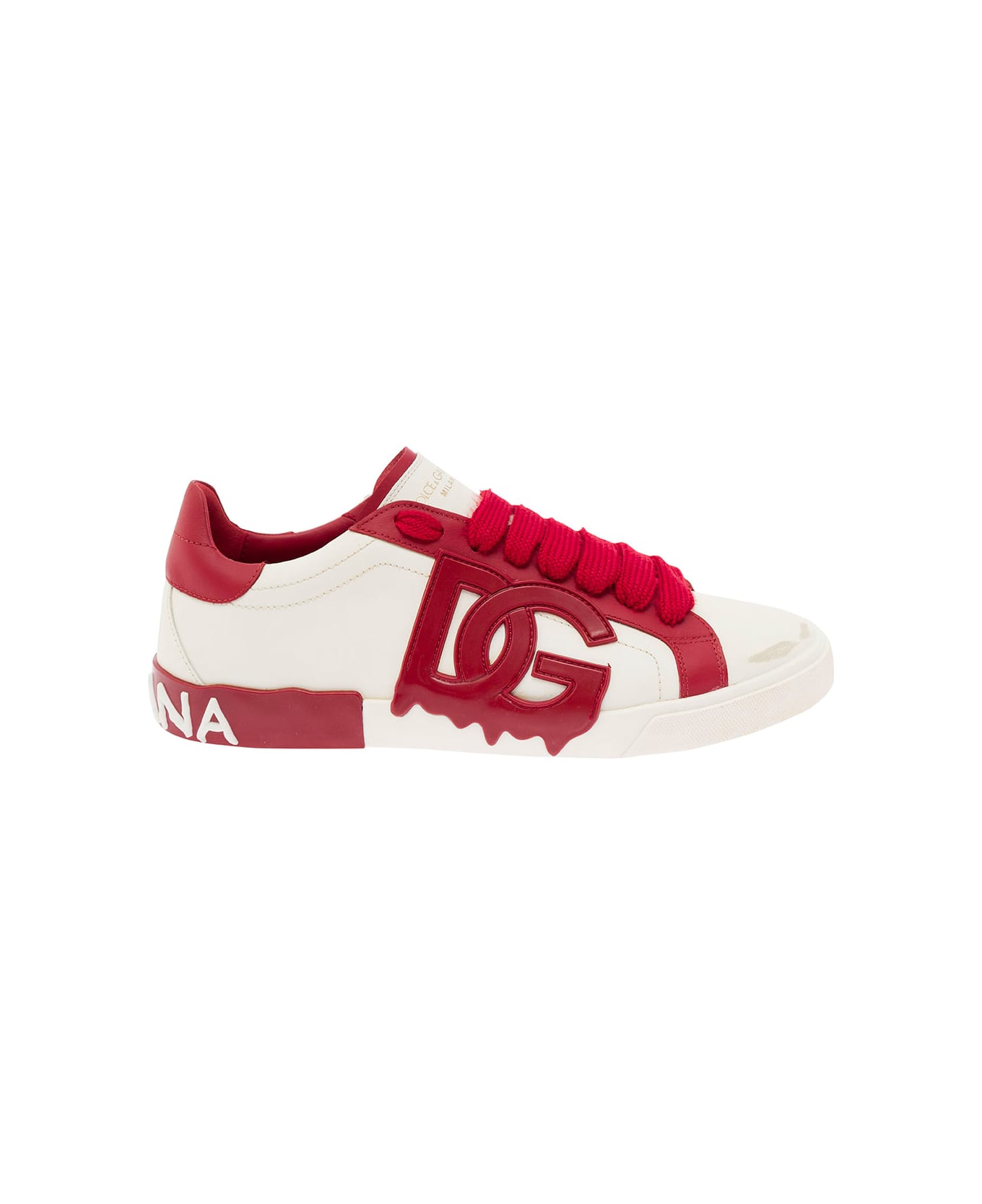 Dolce & Gabbana 'vintage Portafino' White And Red Low Top Sneakers With Dg Patch In Leather Man - Red