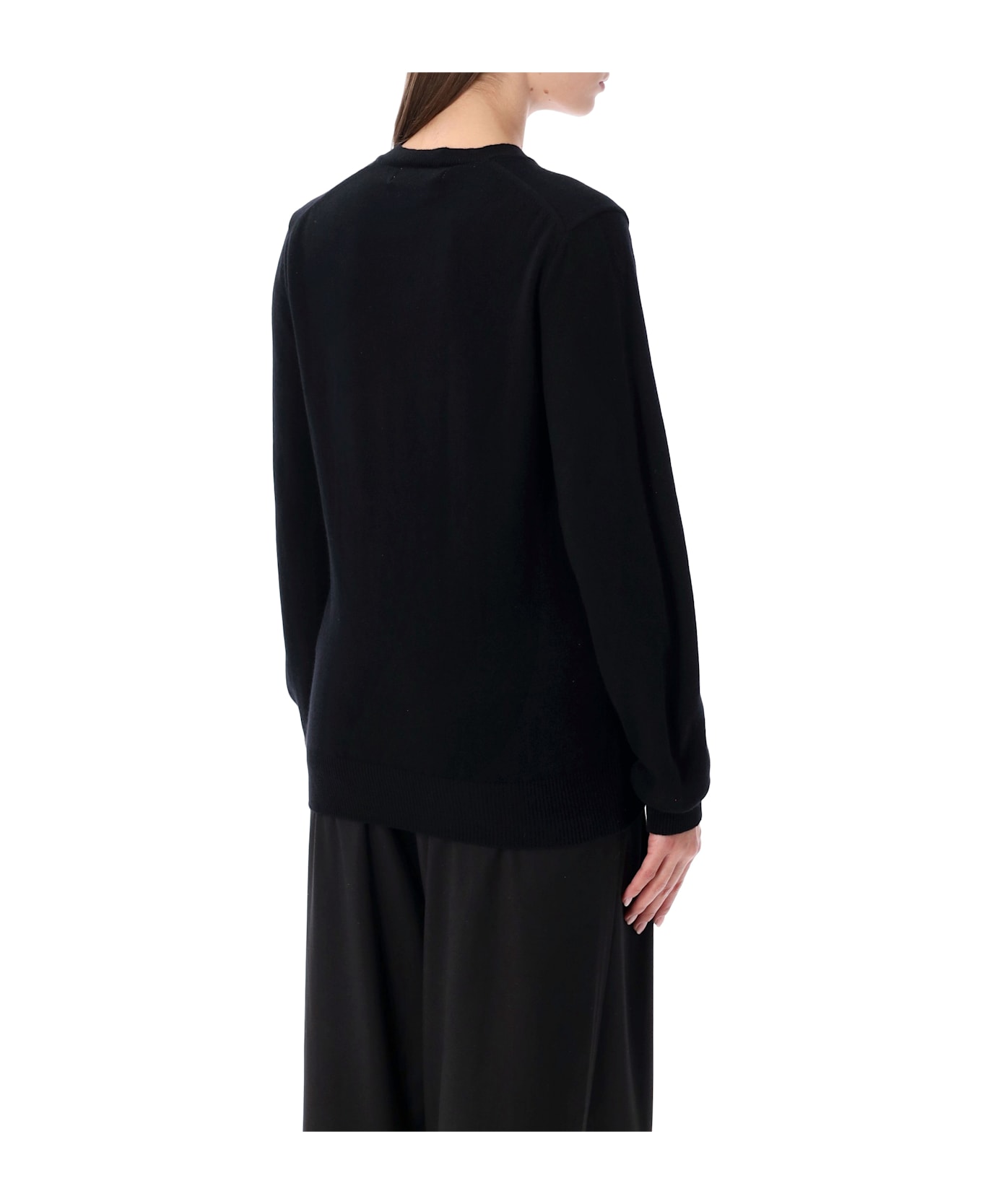 Comme des Garçons Play Wool V-neck Sweater With Red Heart And Crystals - BLACK