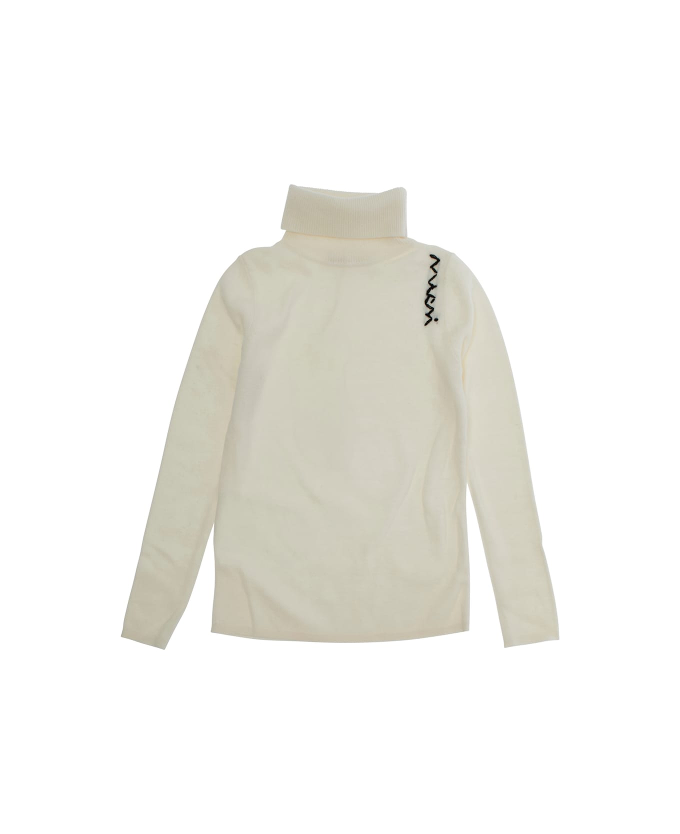 Marni White High Neck Jumperwith Logo On Front In Wool Blend Girl - White