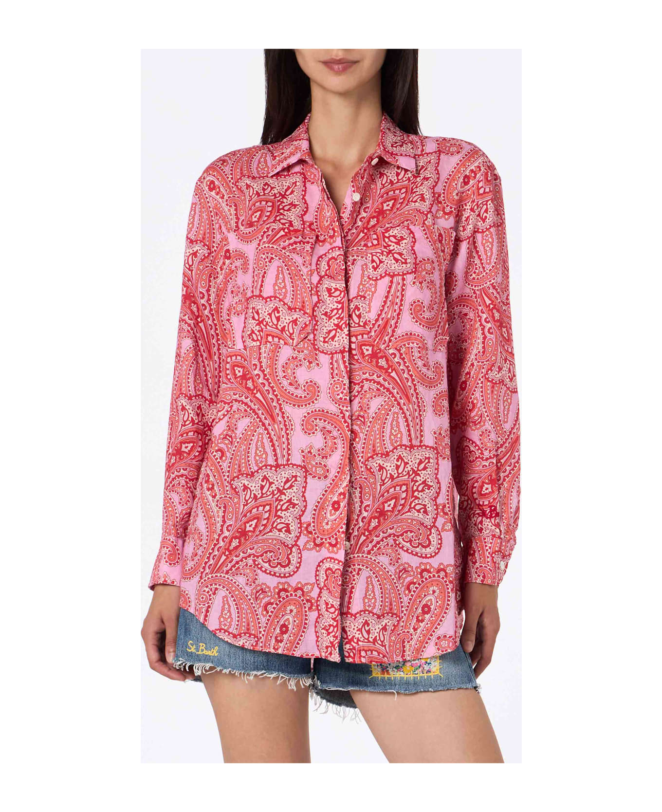 MC2 Saint Barth Woman Linen Shirt Alodie With Paisley Print And Pockets - PINK