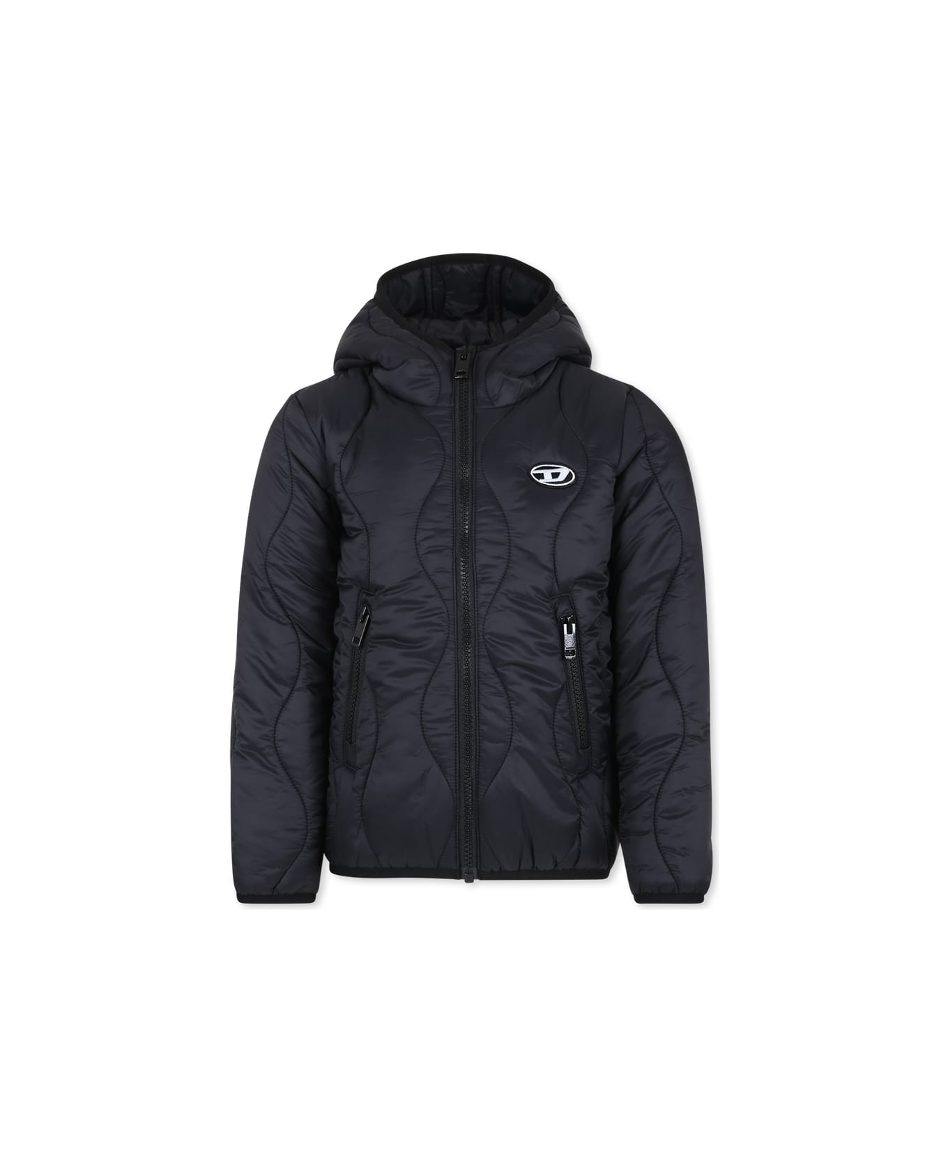 Diesel Black Down Jacket For Kids With Logo - Black