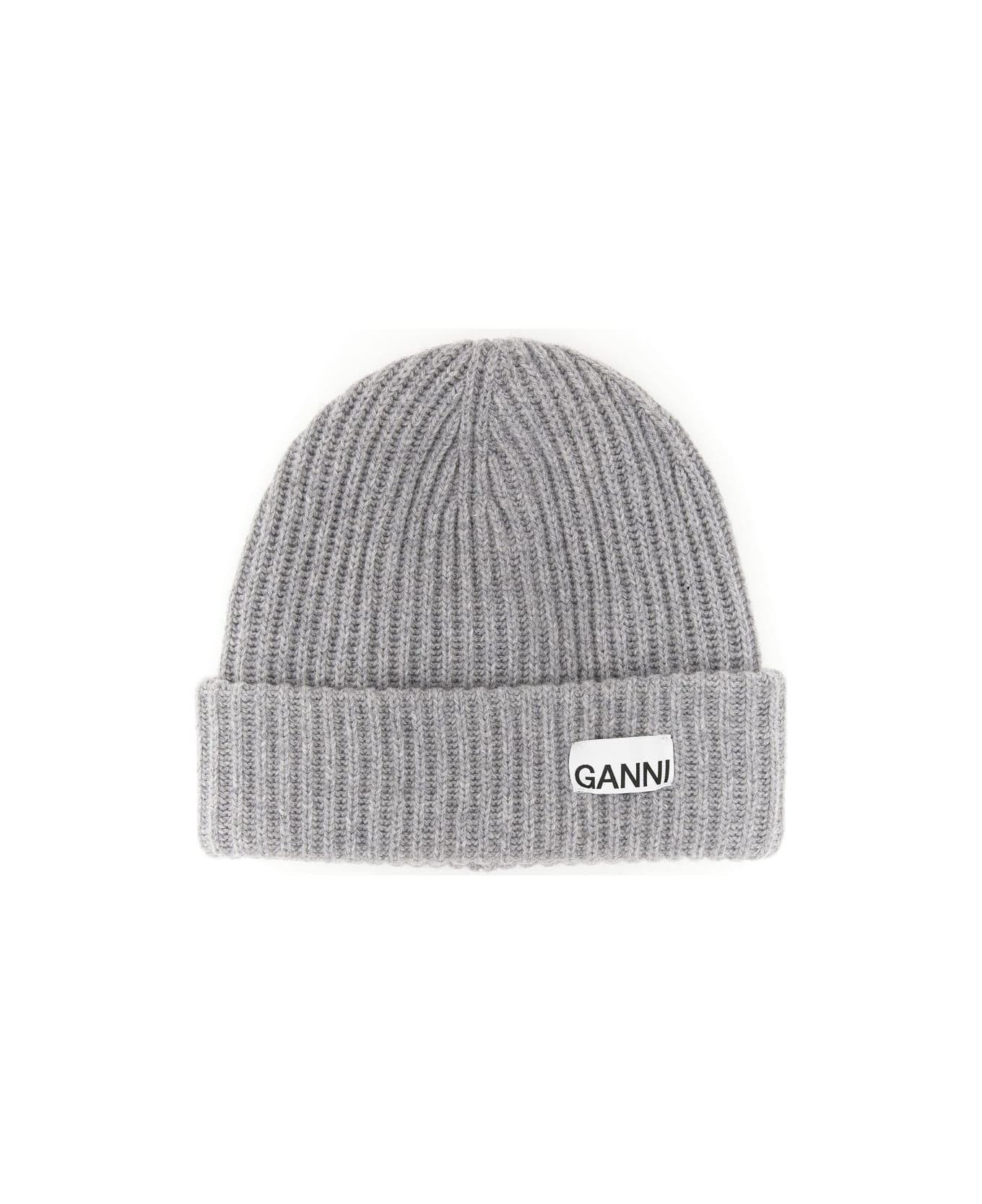 Ganni Beanie Hat With Logo - GREY