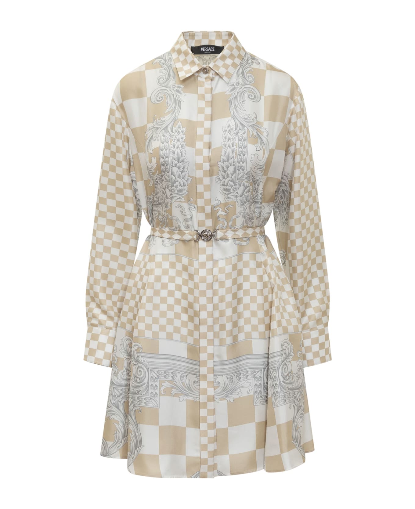 Versace Chemisier Dress With Baroque Print - LIGHT SAND-BIANCO-SILVER