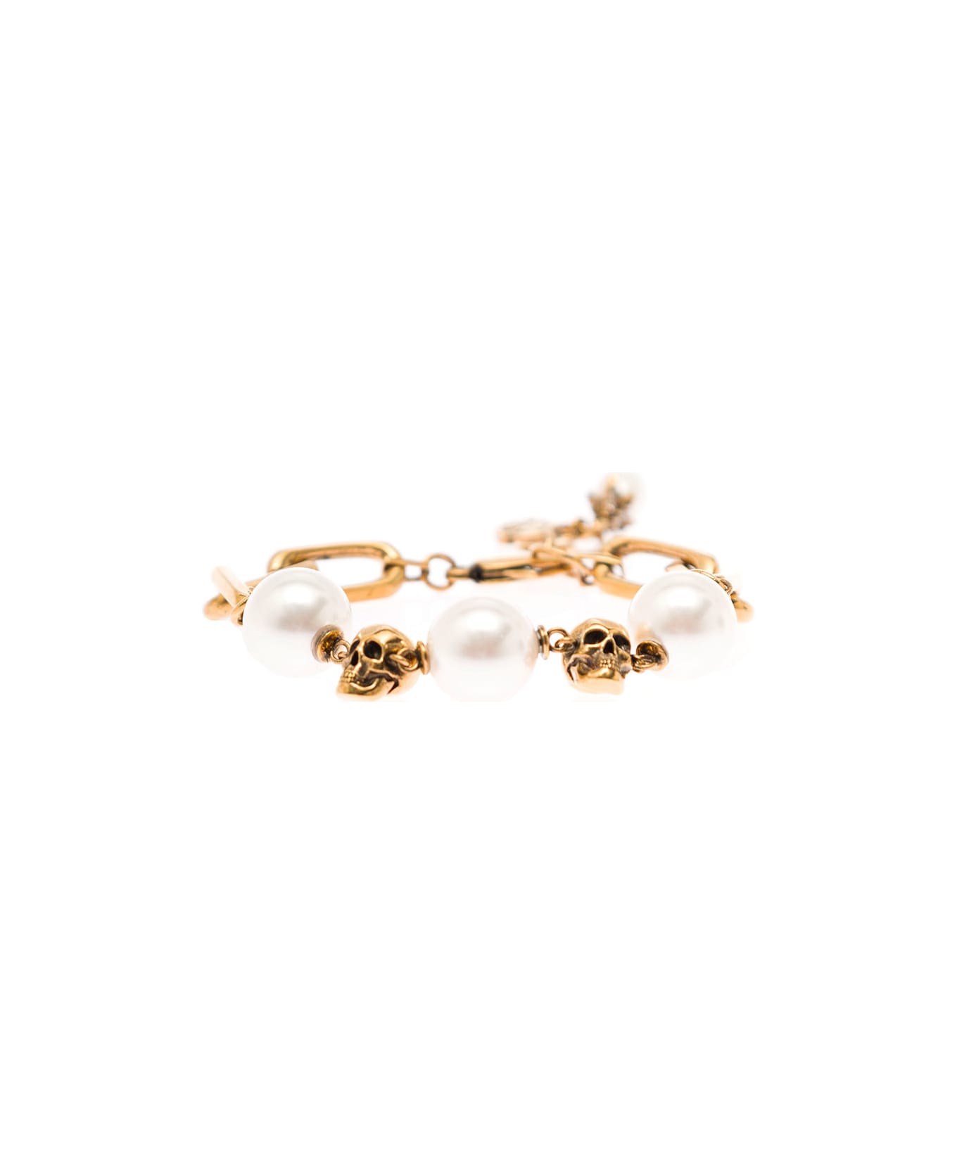 Alexander McQueen Woman Chain  Golden Brass Bracelet With Skull And Pearls - Metallic