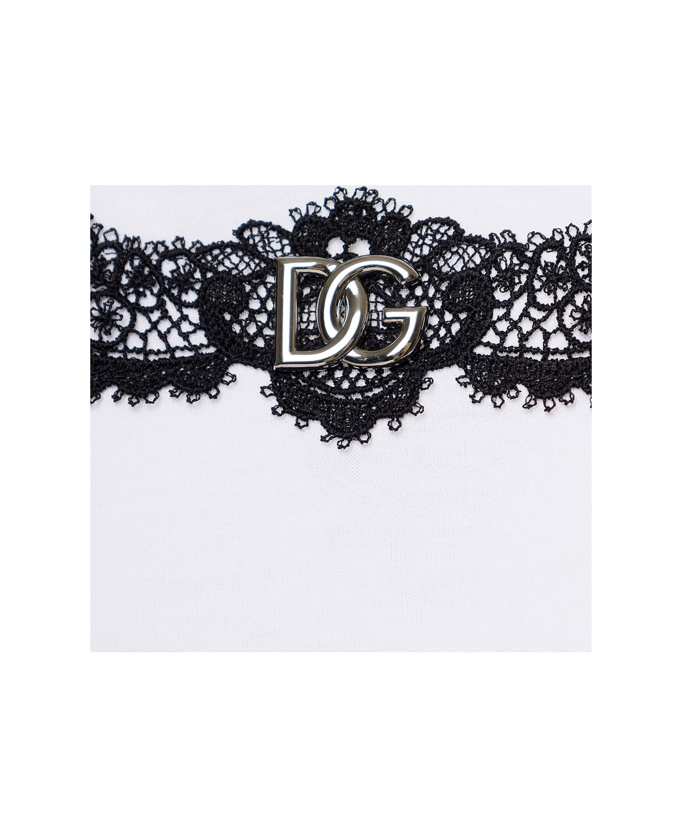 Dolce & Gabbana White Crewneck T-shirt With Lace Inserts And Dg Logo In Cotton Woman - White