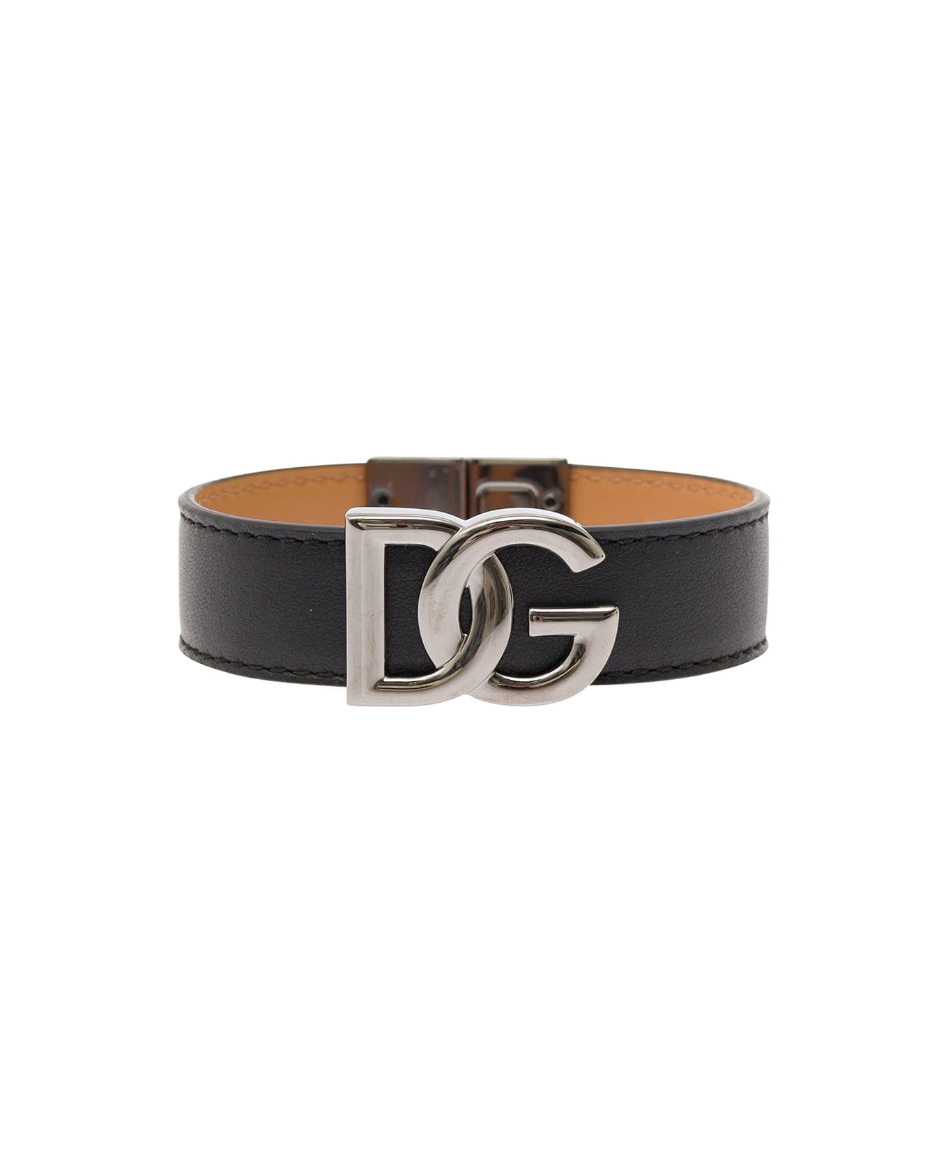 Dolce & Gabbana Cinturino In Pelle Con Logo Dg Metallico - Black