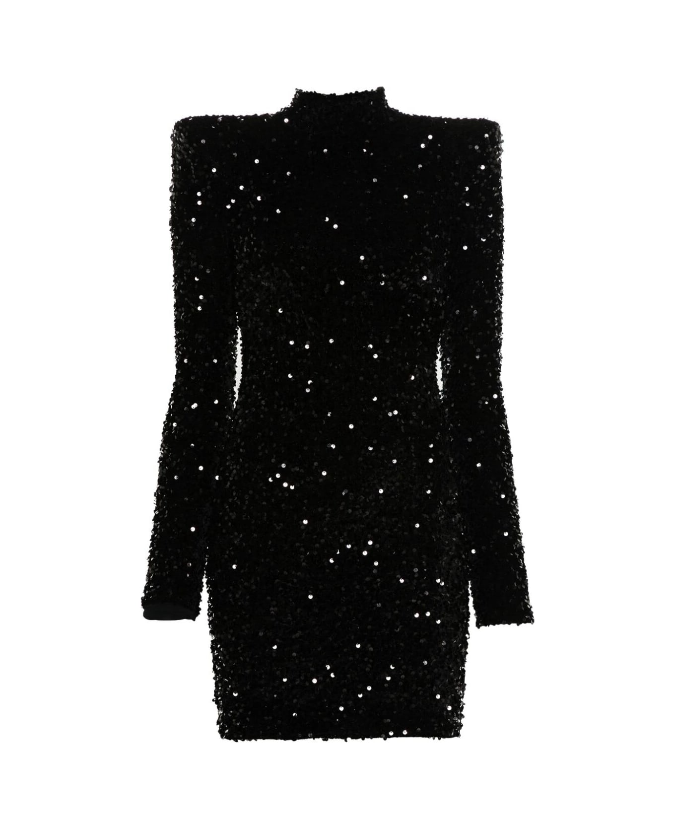Elisabetta Franchi Long Sleeves High Neck Dress With Paillettes - Black