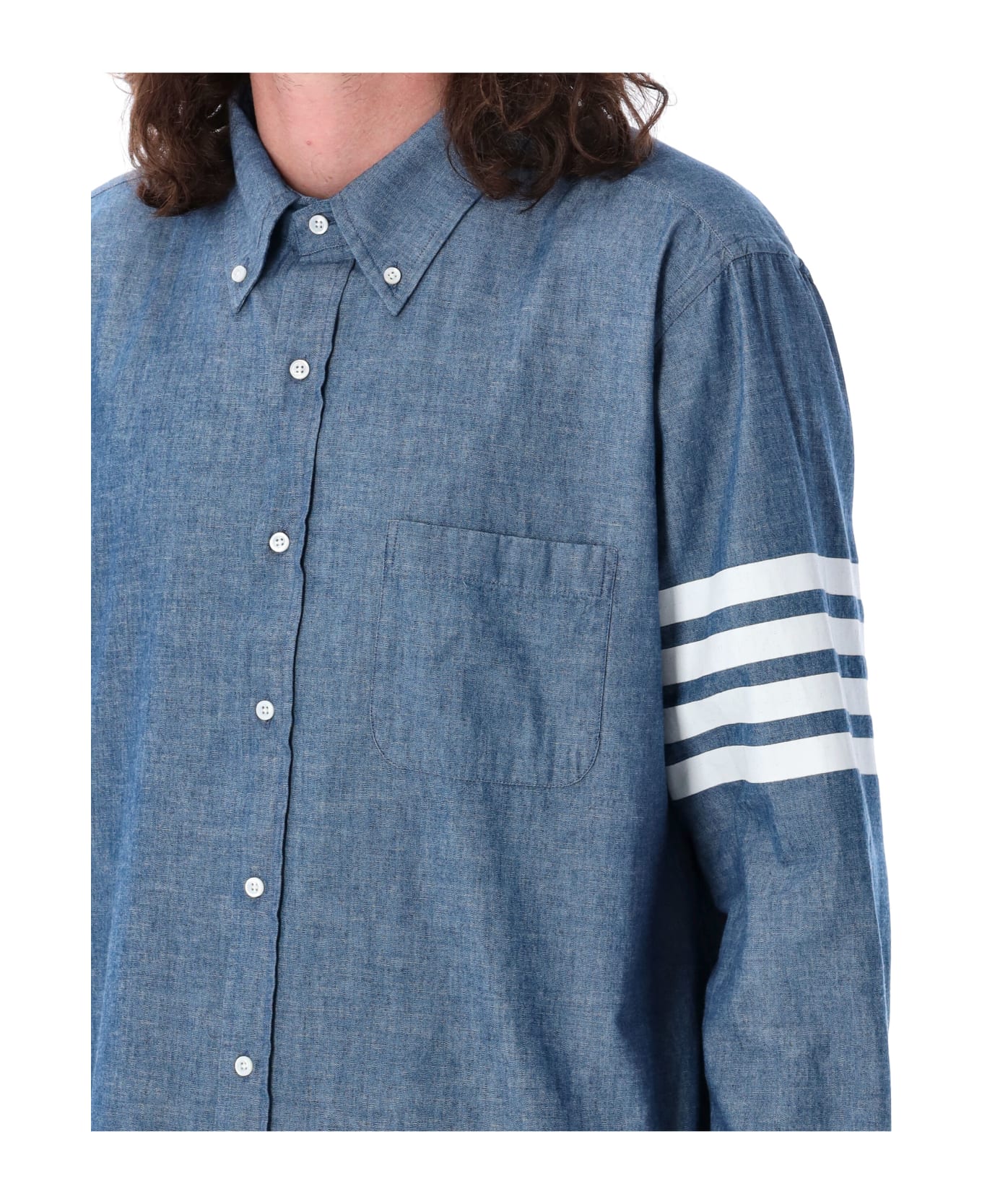 Thom Browne Straight Fit Shirt With 4bar In Chambray - BLUE