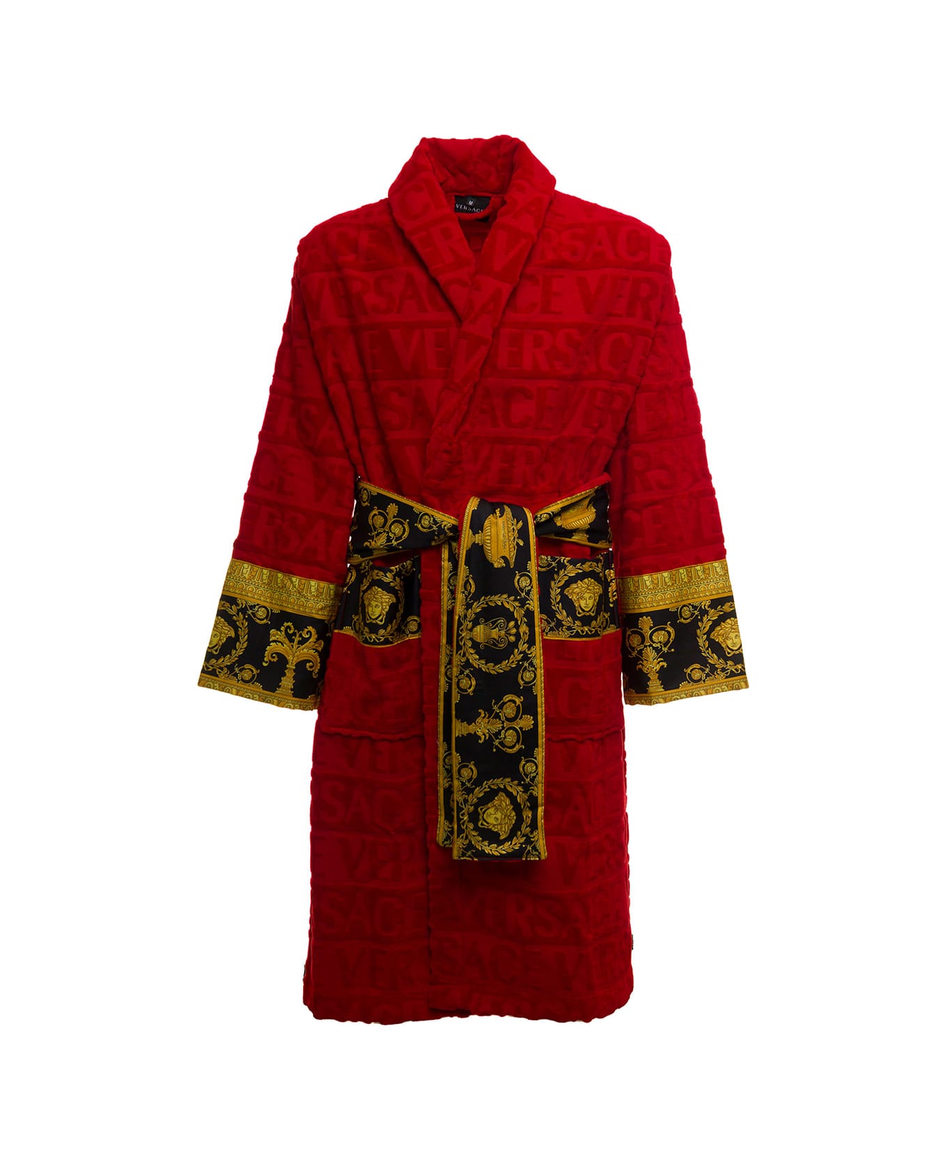 Versace Home's Red Terry Cotton Bathrobe With Baroque Detail - Red