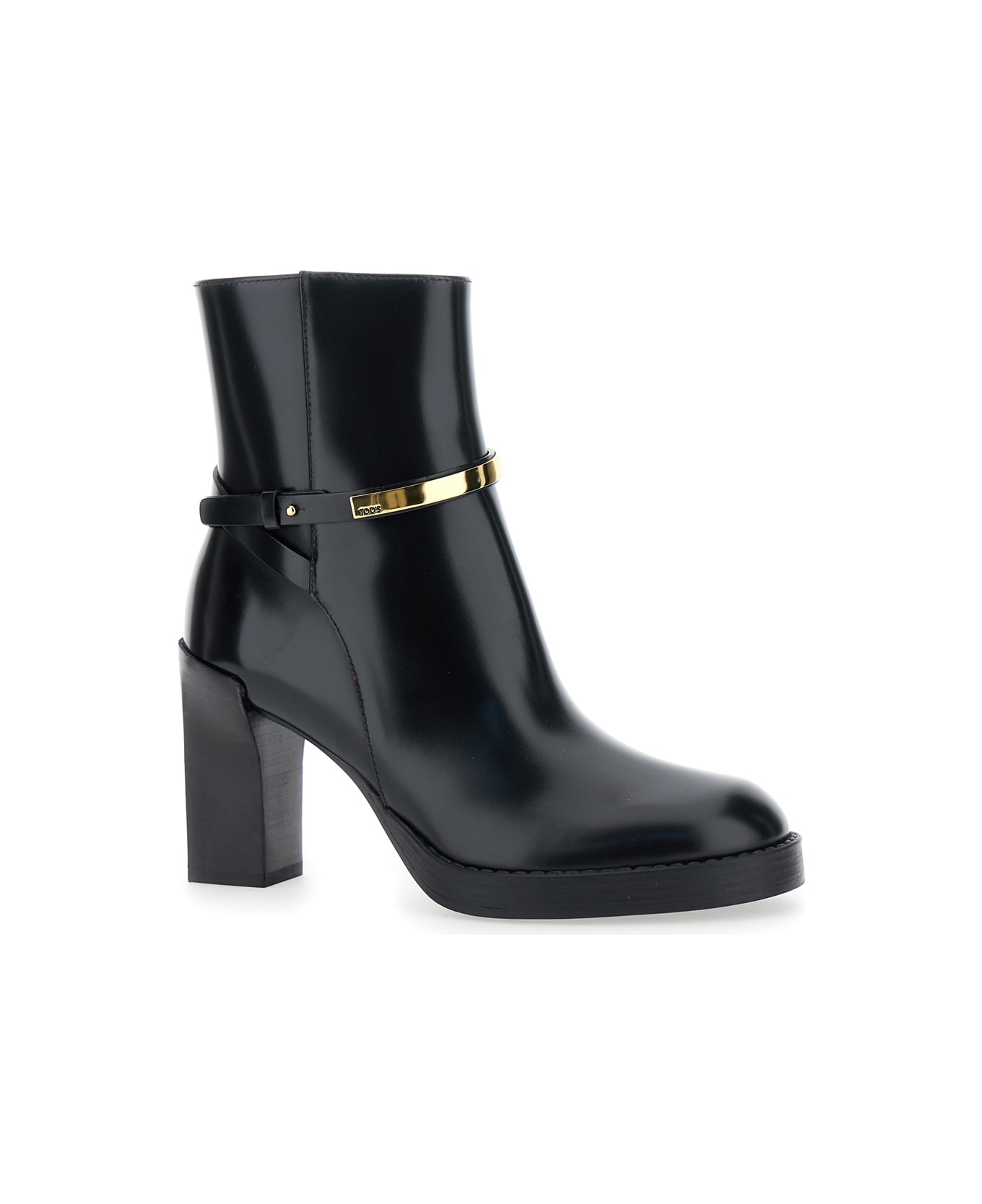 Tod
s Black Ankle Boots With High Block Heel And Gold Metal Detail In Leather Woman - Black