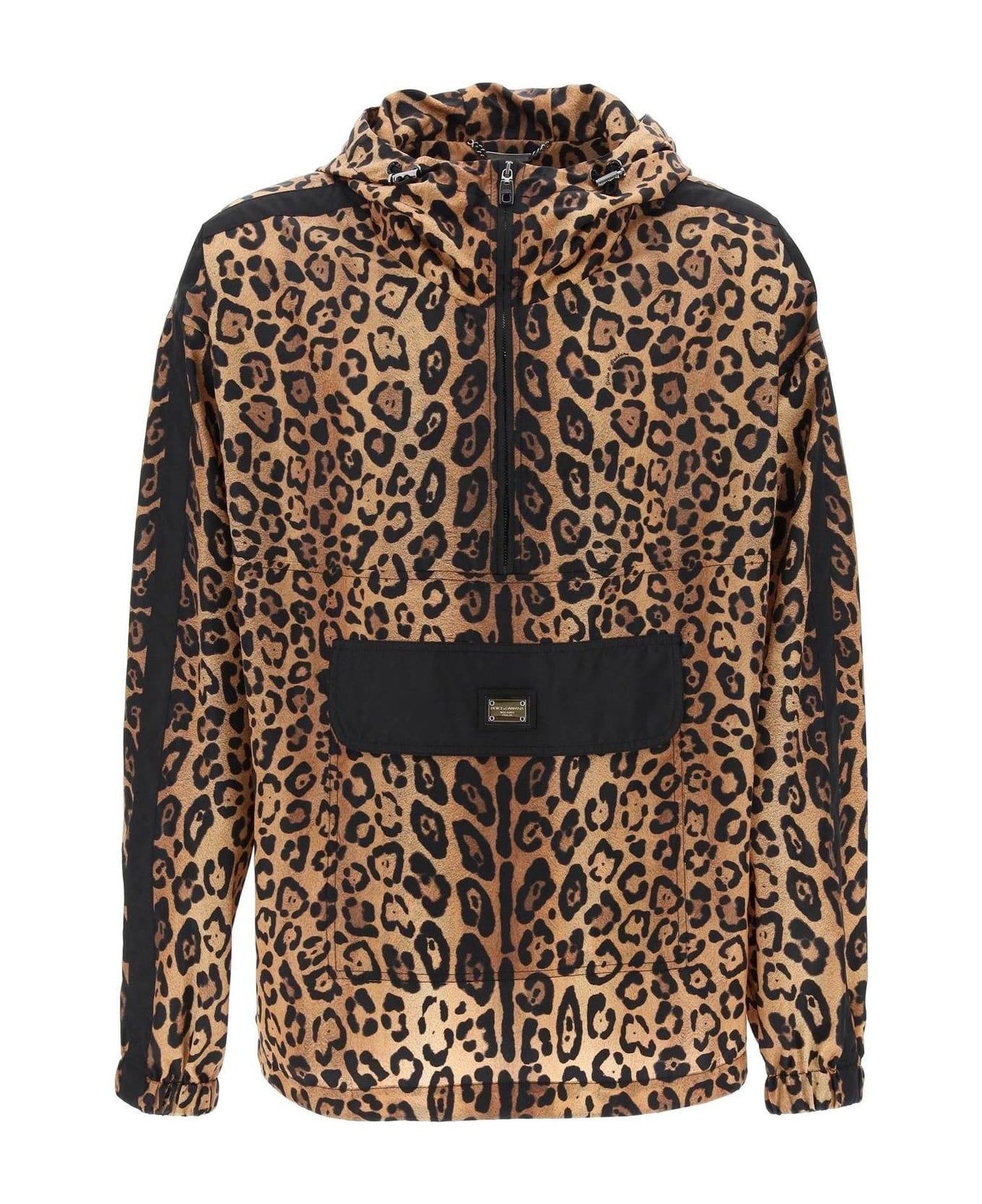 Dolce & Gabbana Leopard-printed Logo Plaque Hooded Jacket - LEO INGRAND MARRONE (Black)