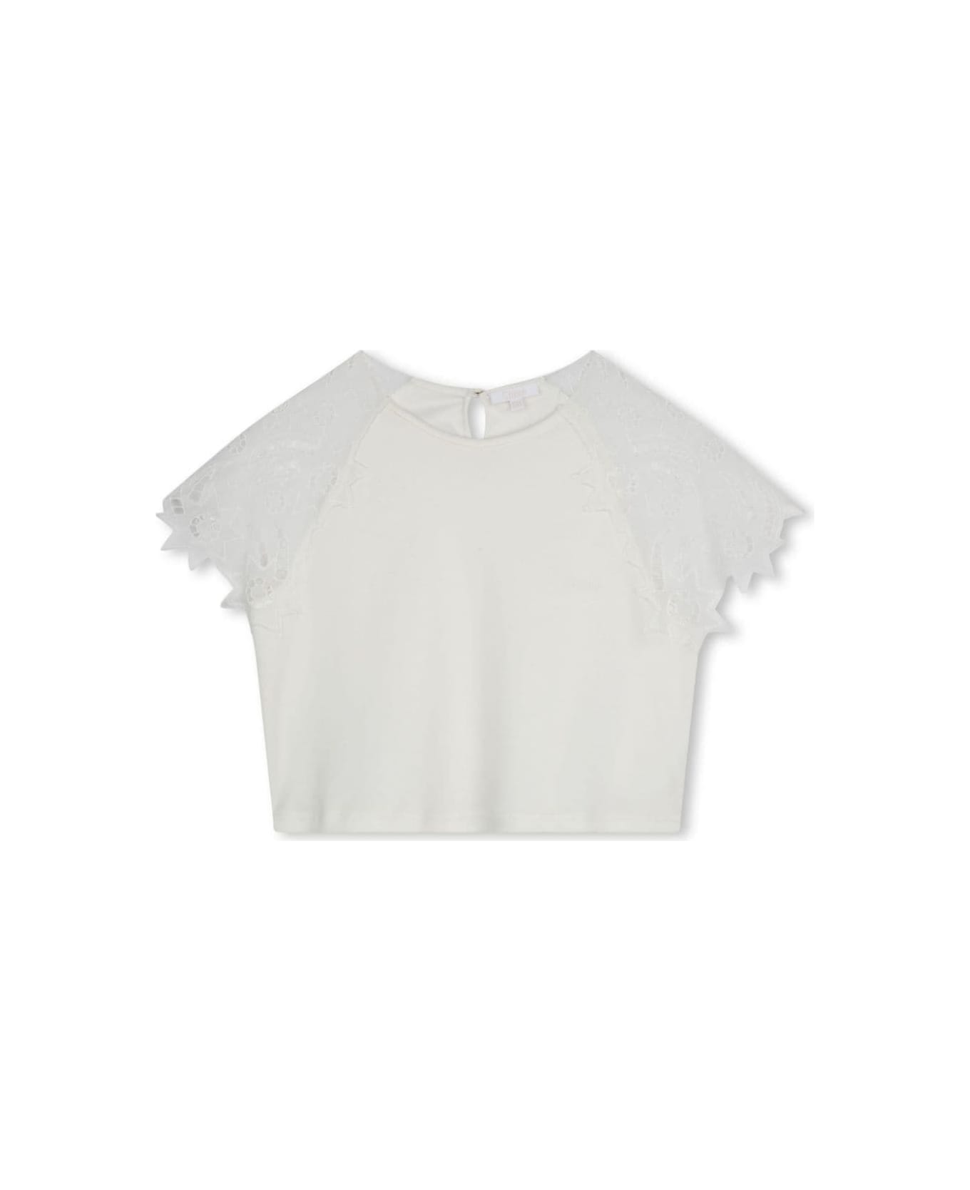 Chloé White T-shirt With Embroidered Sleeves In Cotton Girl - White トップス