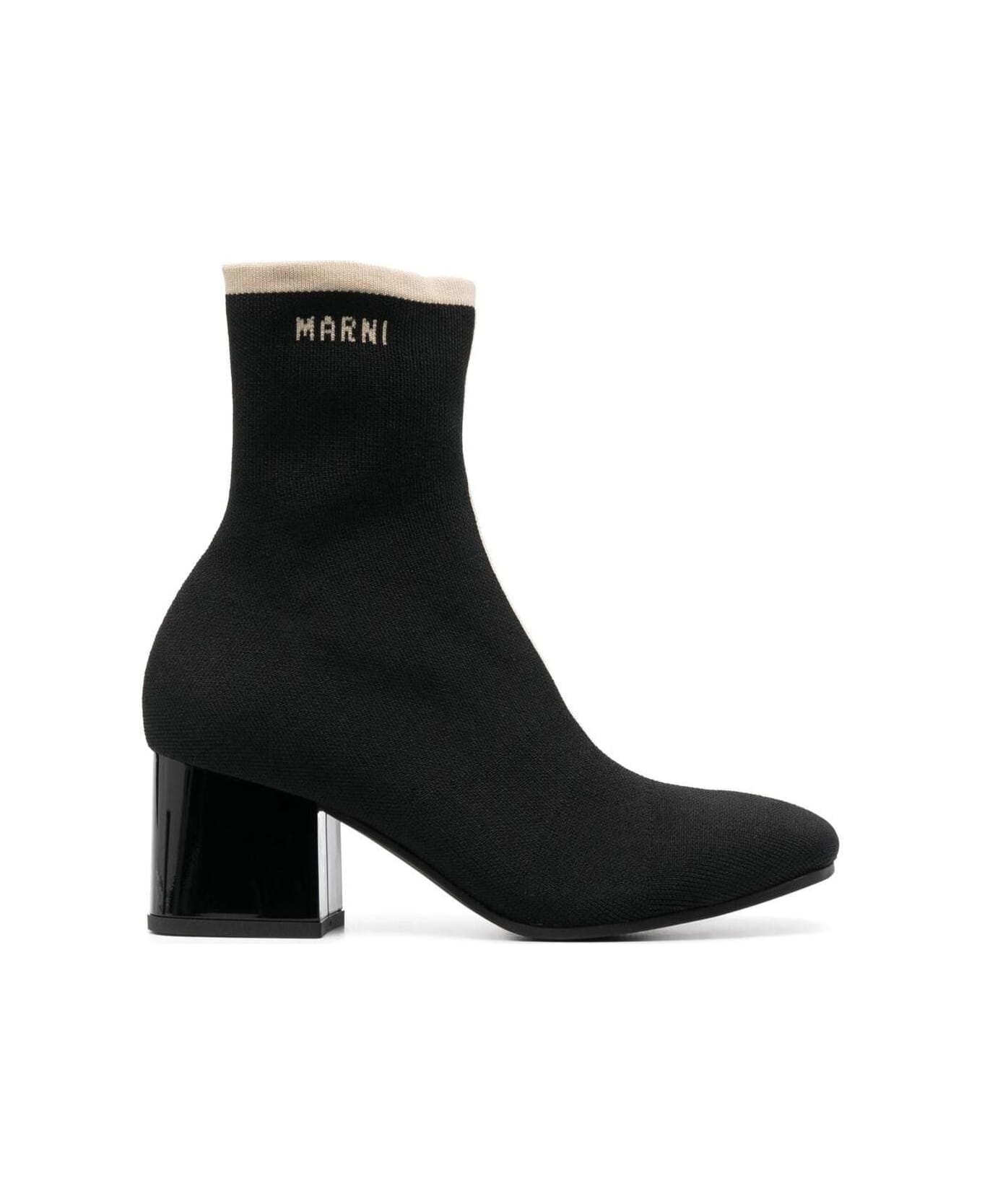 Marni Black Ankle Boot In Leather With Medium And Wide Heel Ecru-colored Details - Black