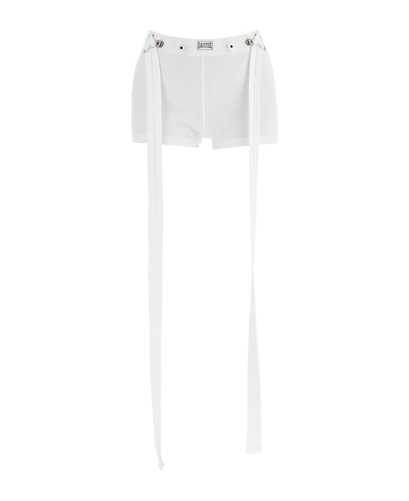 Jean Paul Gaultier White Cotton Shorts With Logo Patch, Ribbed Fabric, Above The Knee - WHITE