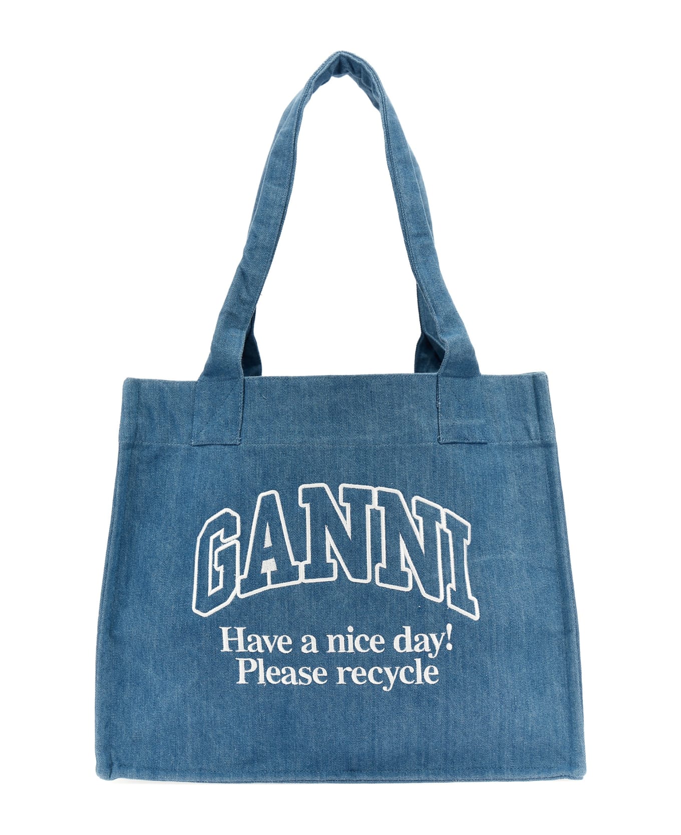 Ganni Logo Embroidery Denim Shopping Bag - Light Blue