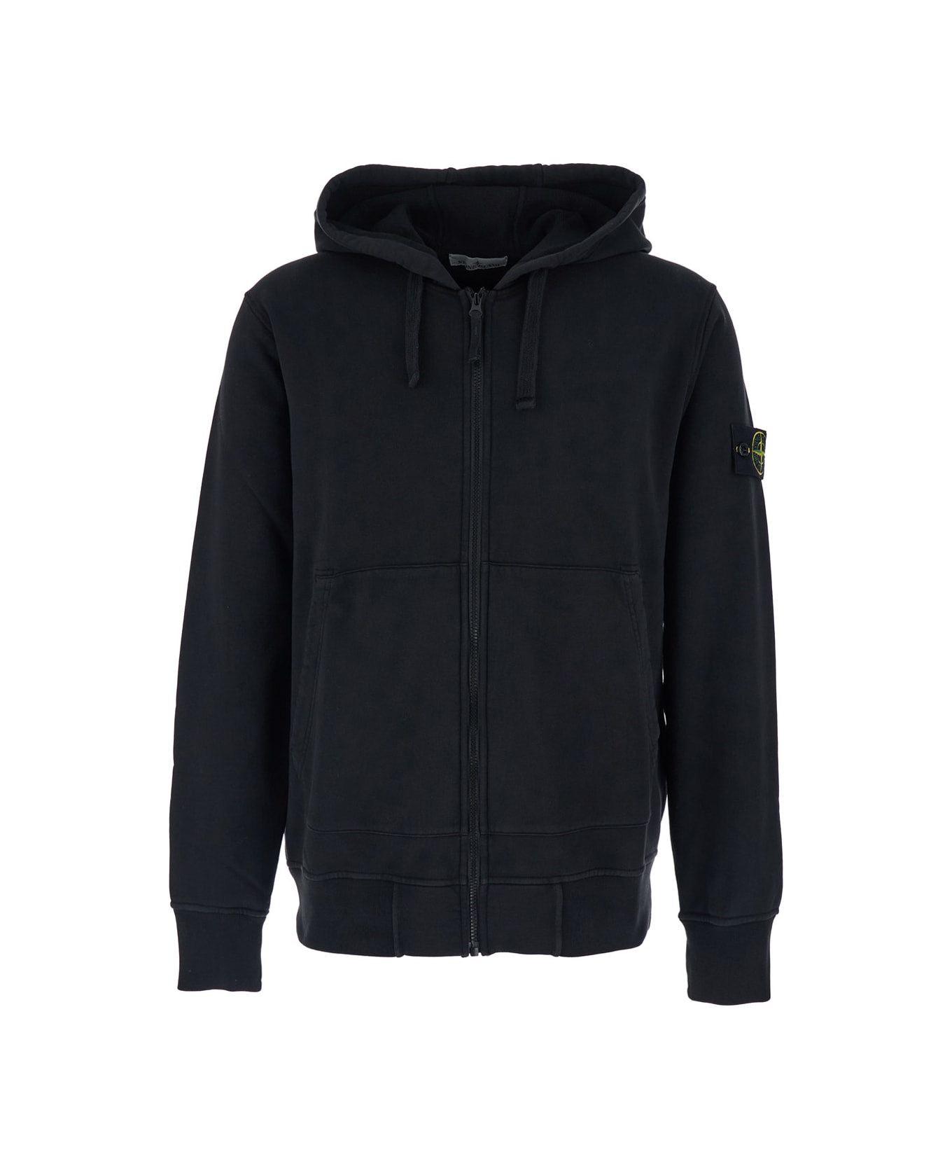 Stone Island Black Sweatshirt With Drawstring Hood And Logo Patch On The Sleeve In Cotton Man - Black