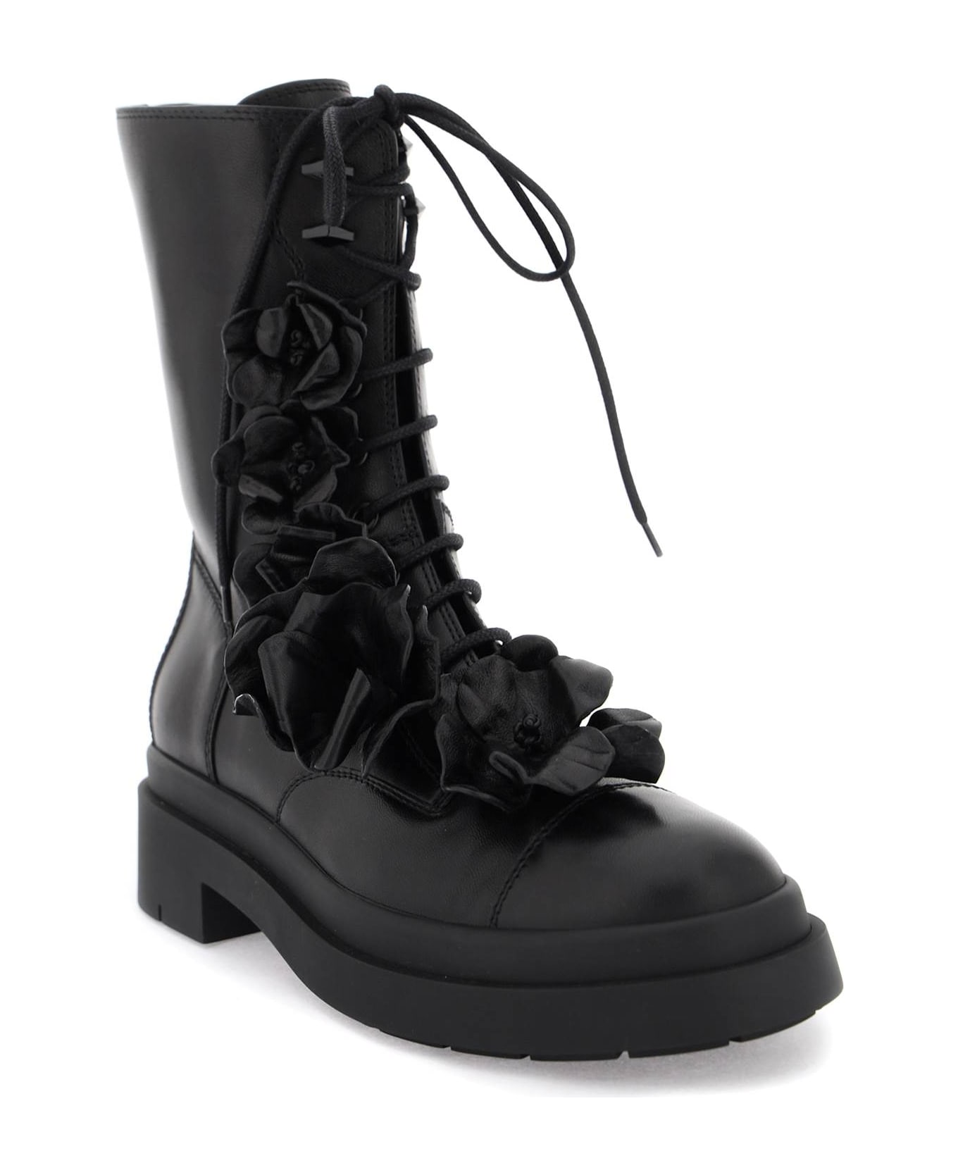 Jimmy Choo Nari Flowers Flat Combat Boots - BLACK