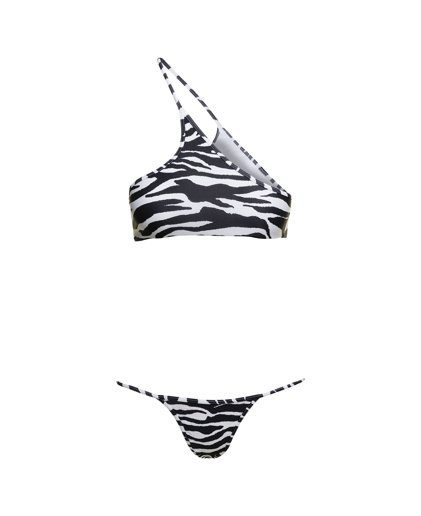 The Attico One-shoulder Bikini Set With All-over Zebra Print In Technical Fabric Woman - White/black