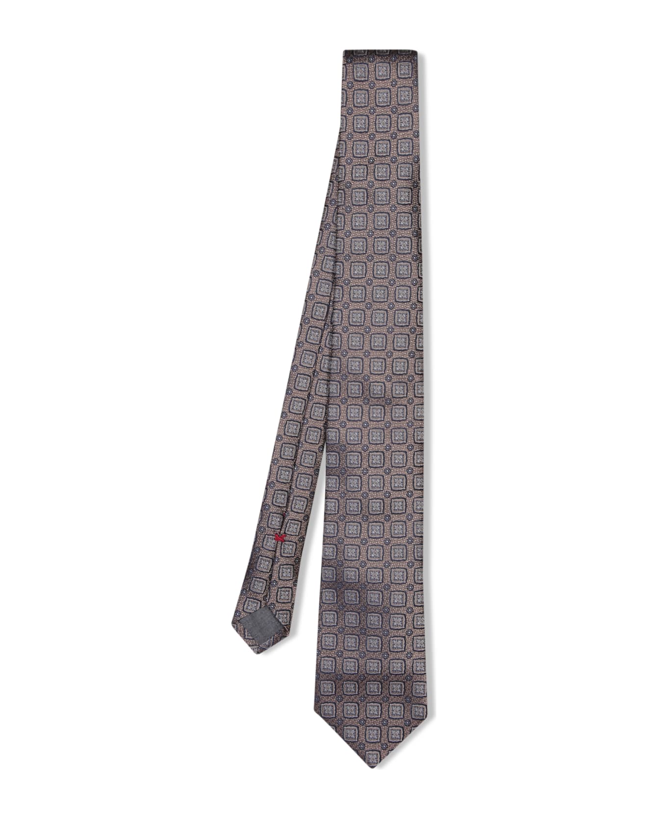 Brunello Cucinelli Beige Silk Tie With Geometric Pattern - A Brown Light Grey