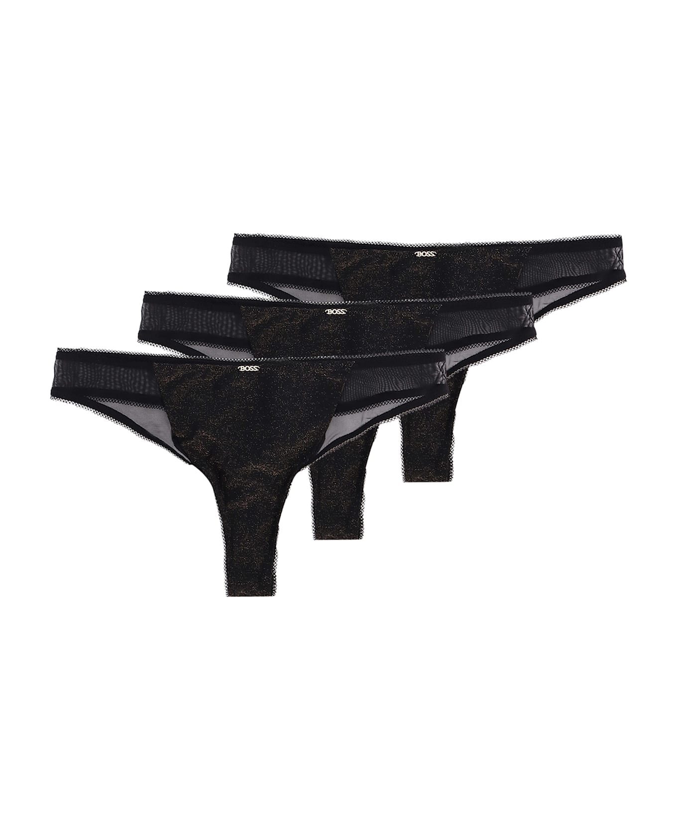 Hugo Boss Lurex Thong Tripack With Lace Trim - Black