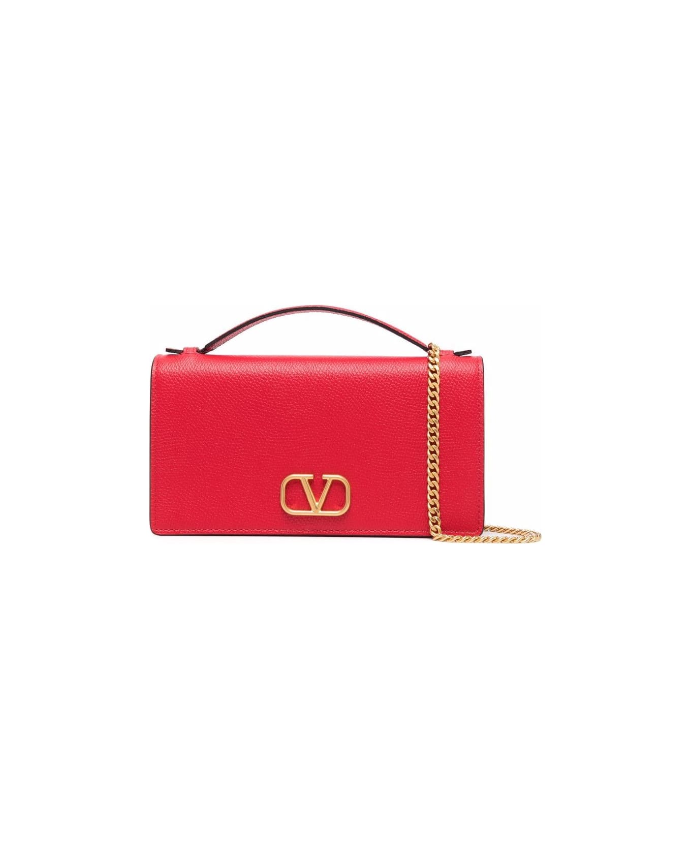 Valentino Garavani Vlogo Signature Leather Wallet On Chain - Red