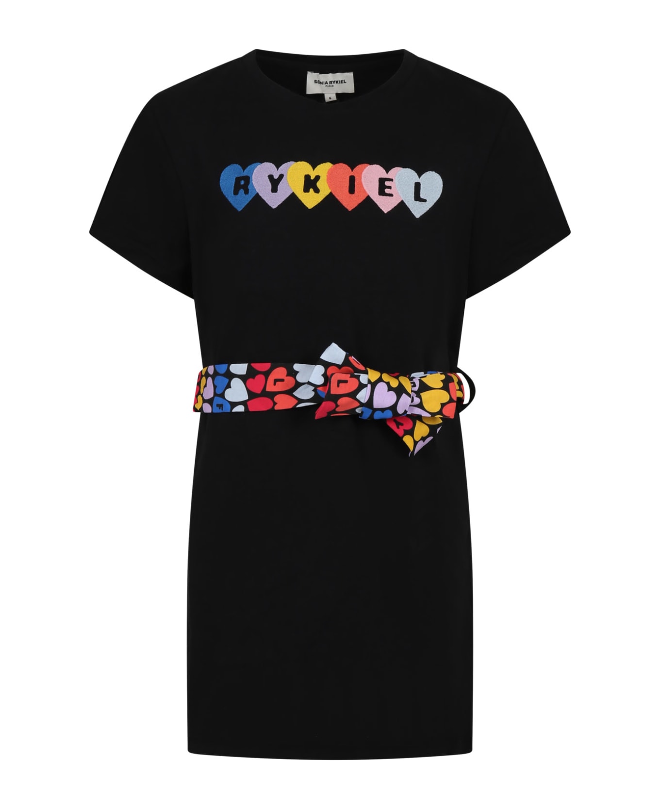 Rykiel Enfant Black Dress For Girl With Multicolor Belt And Logo - Black