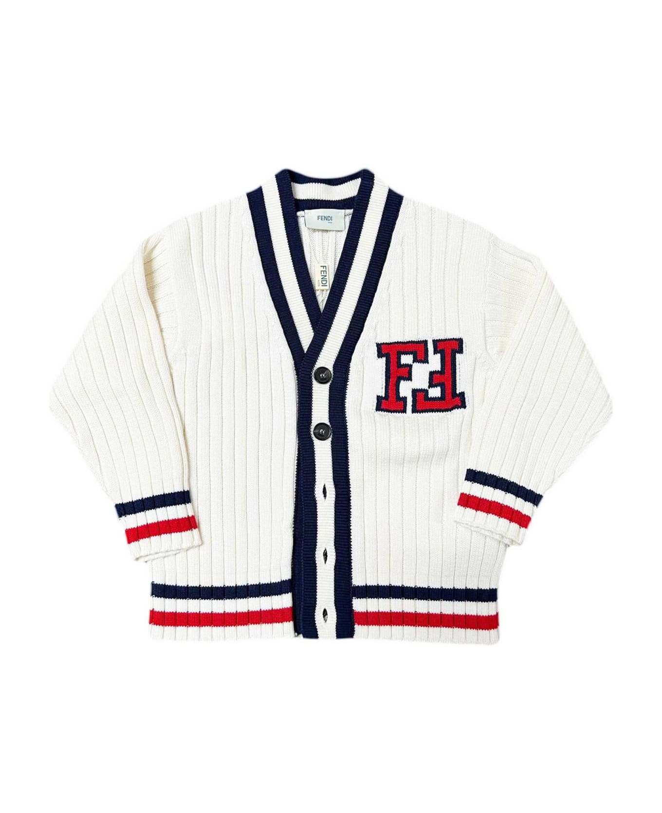 Fendi White Cardigan With Colored Details - Gesso