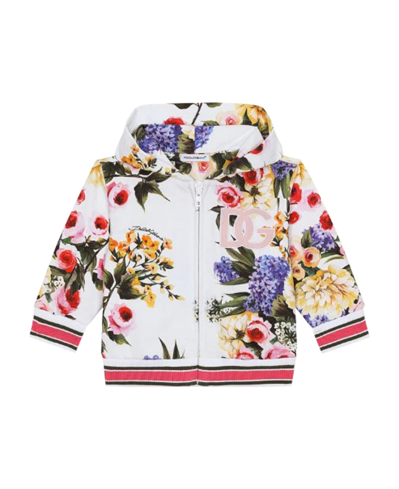 Dolce & Gabbana Zip-up Hoodie In Jersey With Garden Print And Dg Logo - Multicolor
