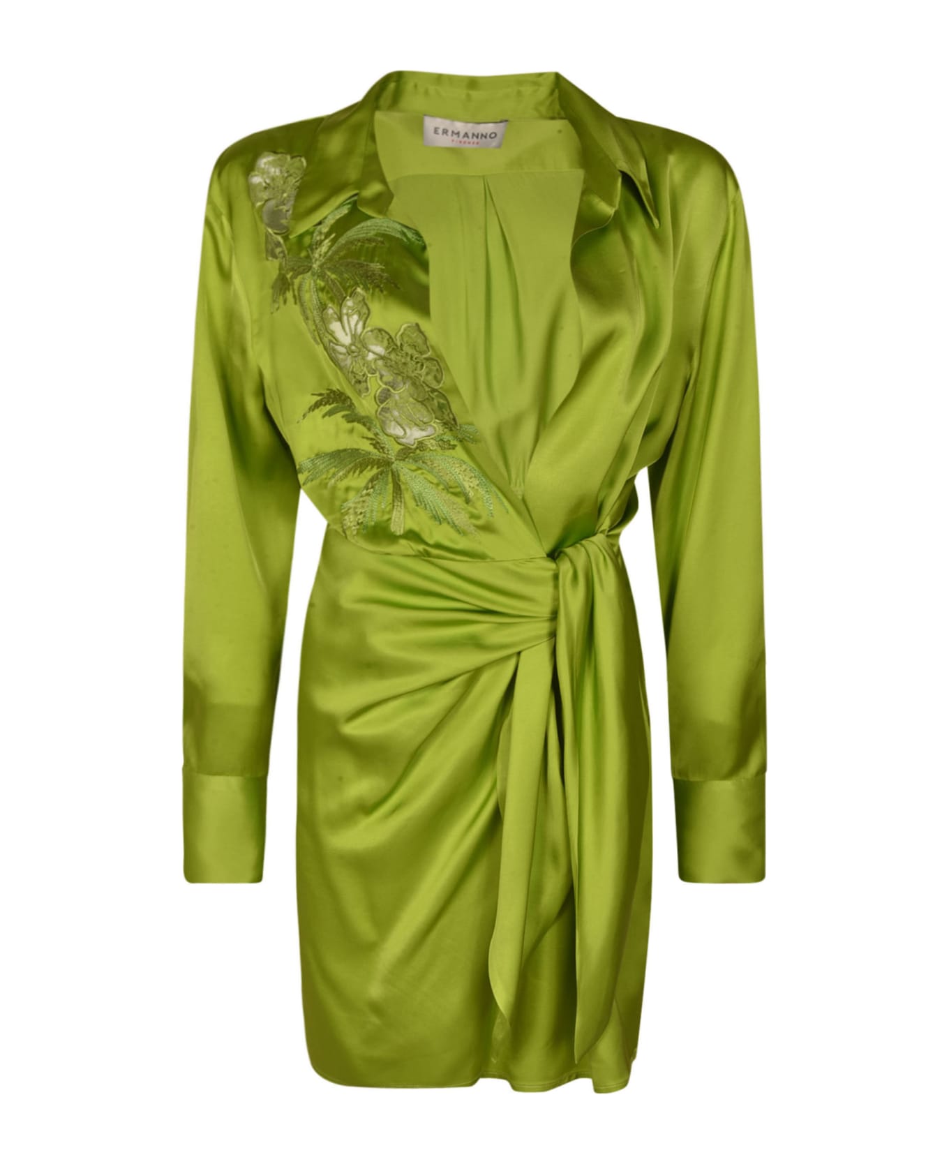 Ermanno Scervino Floral Embroidered V-neck Gathered Short Dress - Green