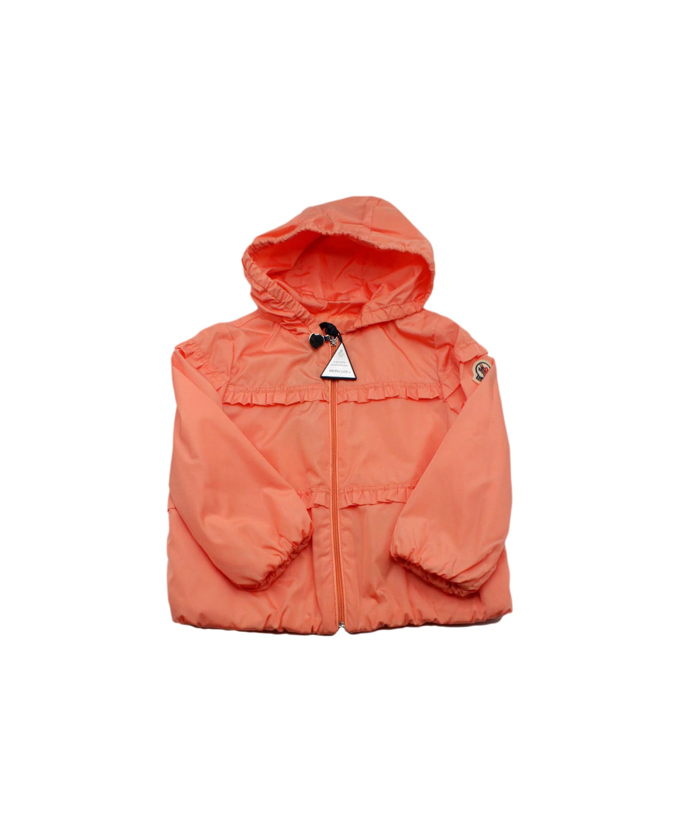 Moncler Hiti Jacket In Light Nylon With Hood, Embellished With Ruffles And Zip Closure. - Orange コート＆ジャケット