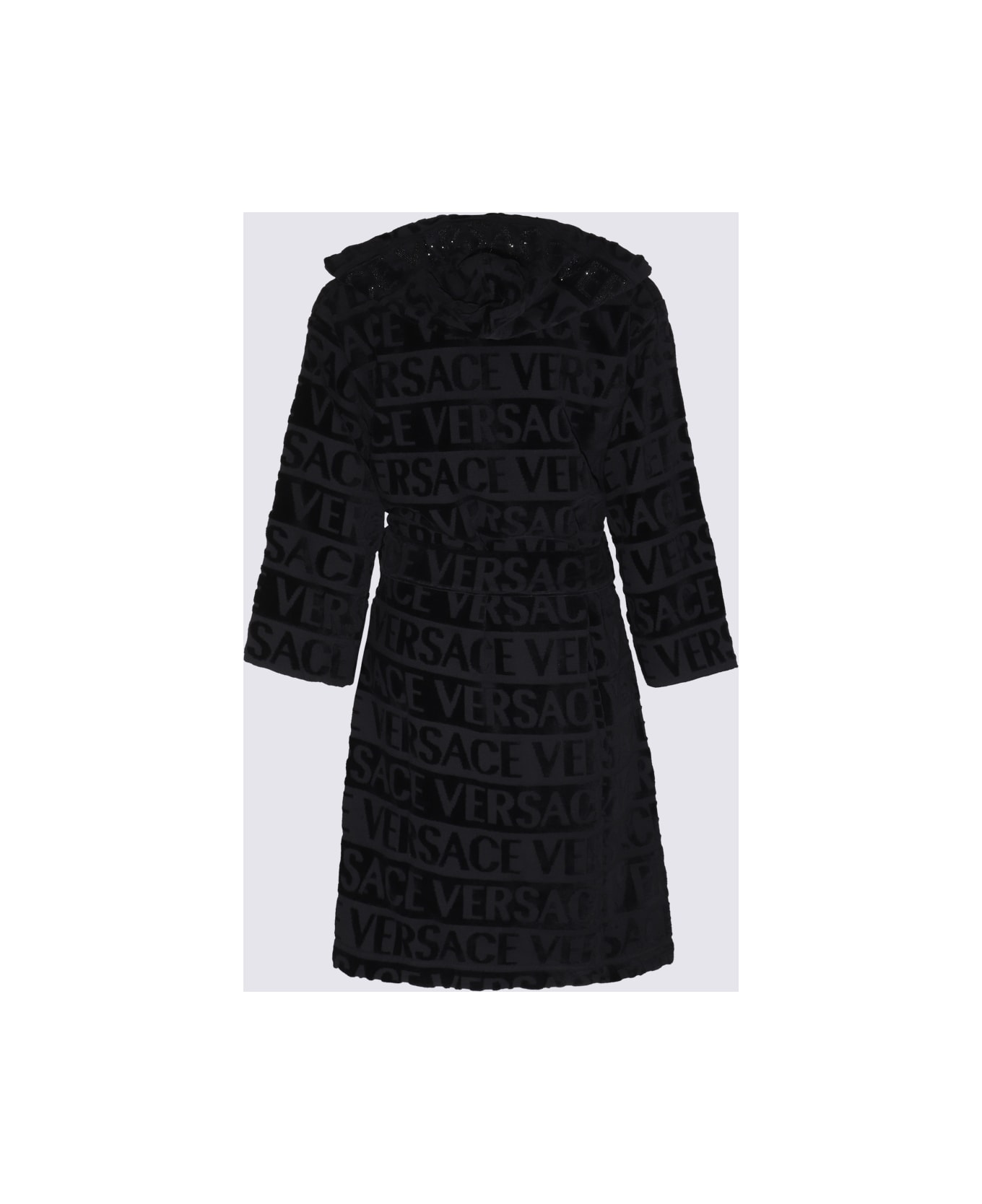 Versace Balck Cotton Monogram Bathrobe - Black