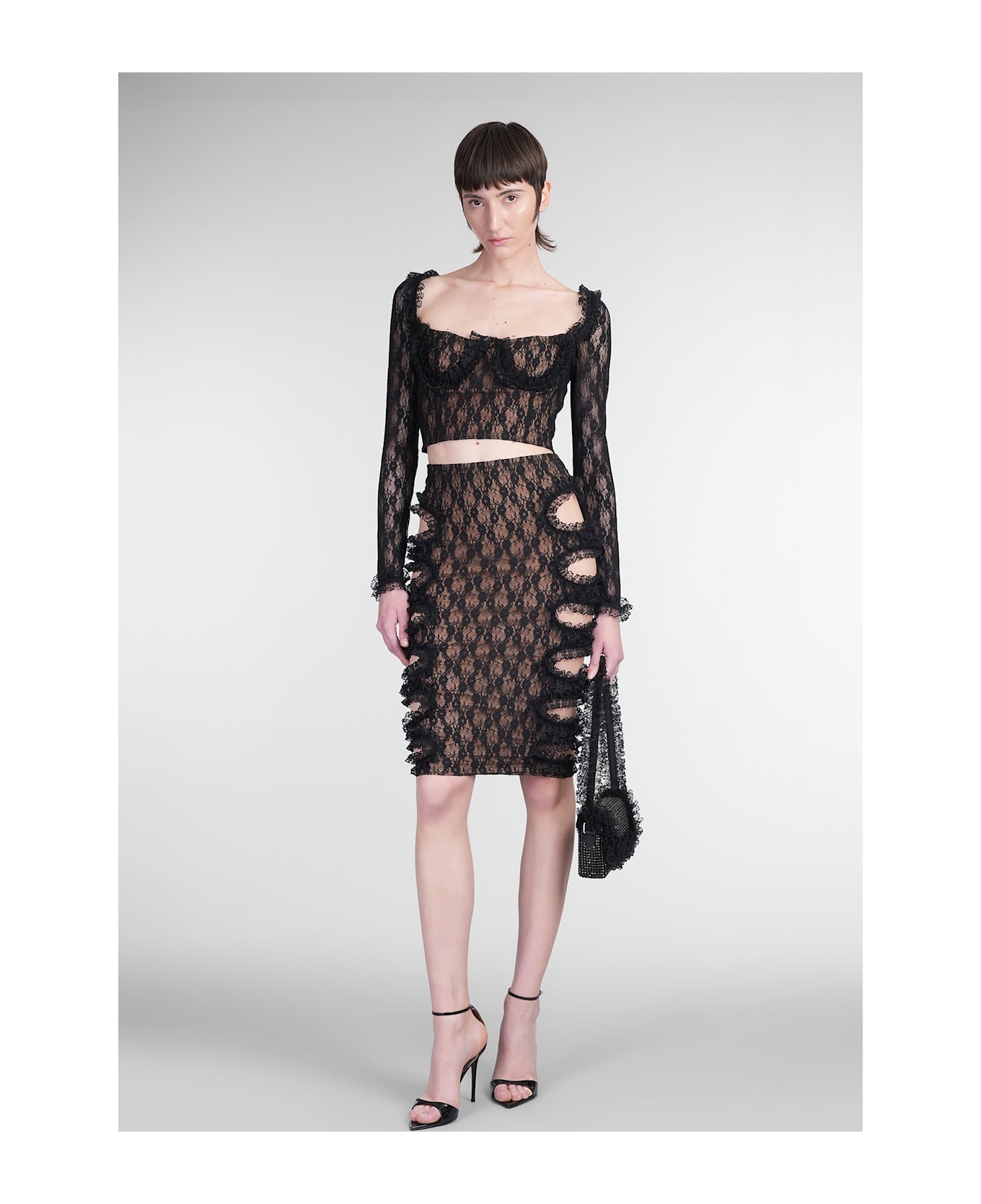 self-portrait Skirt In Black Polyamide - black