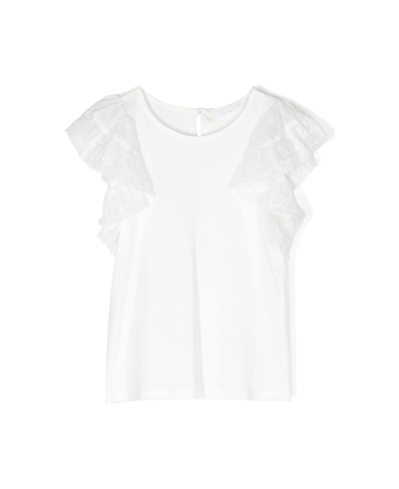 Chloé White Crewneck Top With Lace Ruched Detailing In Cotton Girl - White