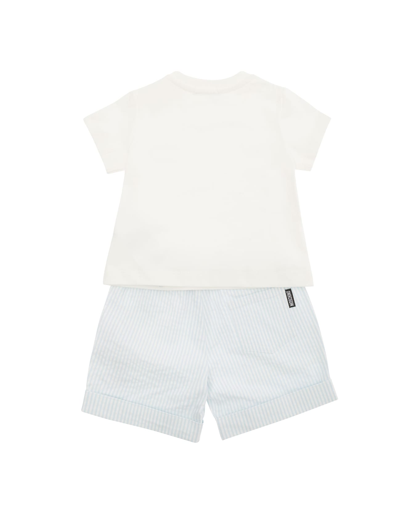 Moschino Light Blue And White T-shirt And Shorts Set In Stretch Cotton Baby - White