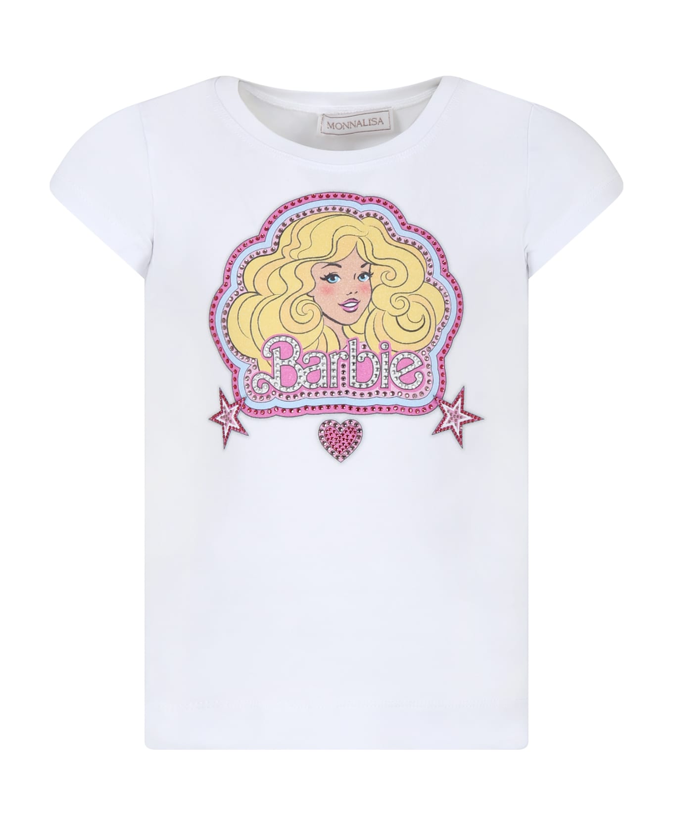 Monnalisa White Crop T-shirt For Girl With Barbie Print And Rhinestone - WHITE Tシャツ＆ポロシャツ