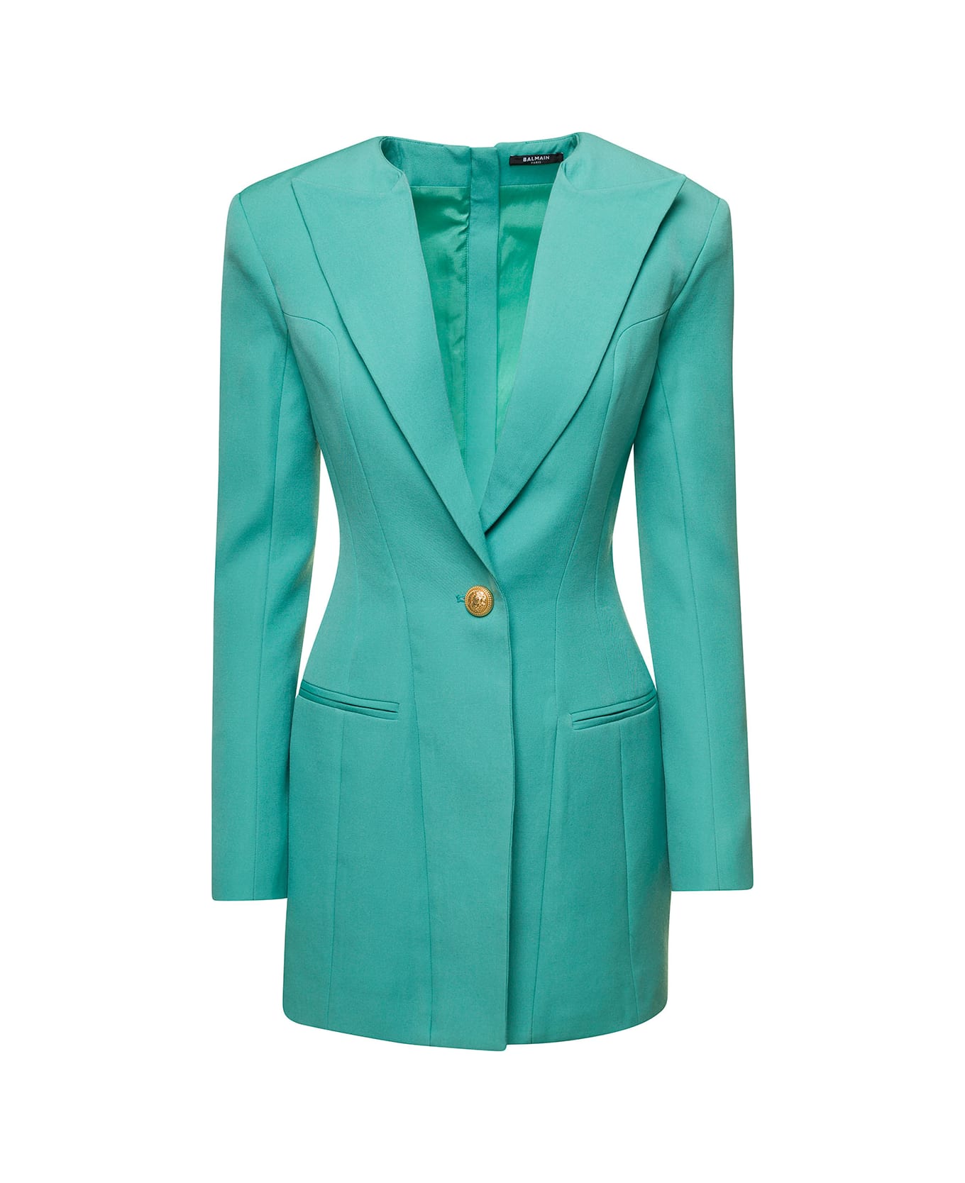 Balmain Light Blue Tailored Blazer Dress With Padded Shoulders In Wool Woman - Green コート