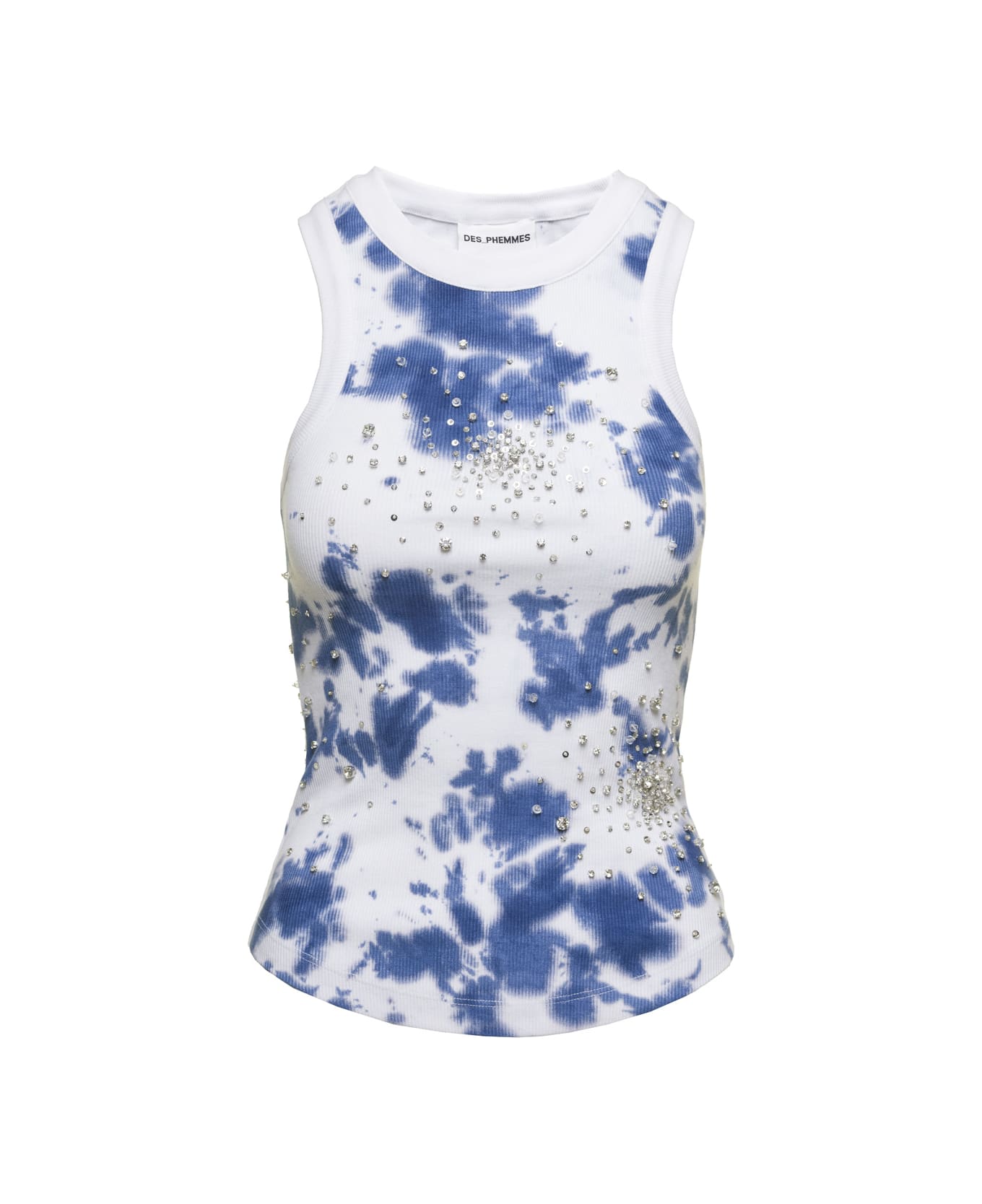 Des Phemmes White Tank Top With Sequins And Tie Die In Cotton Woman - Blu