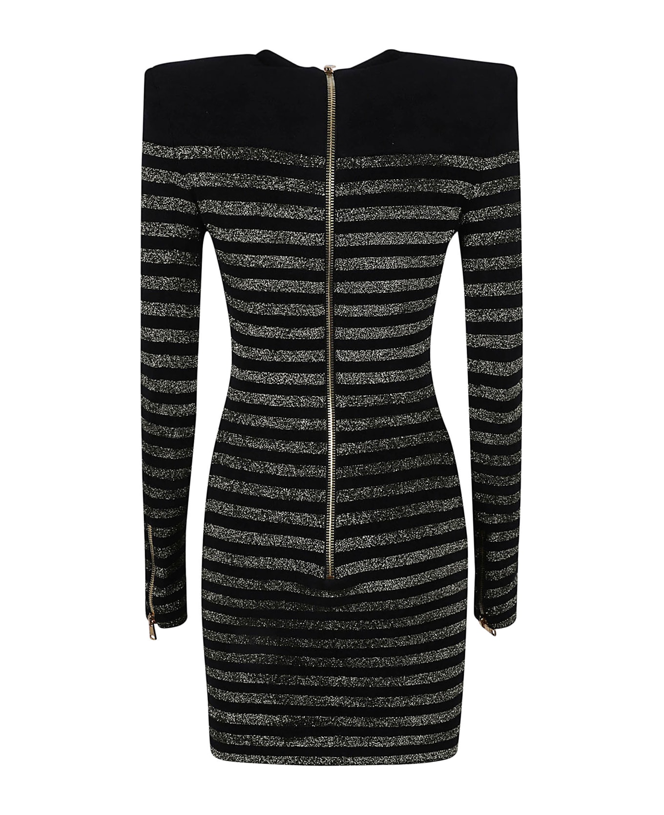 Balmain Rear Zip Button Embellished Stripe Knit Dress - Black/Gold ワンピース＆ドレス