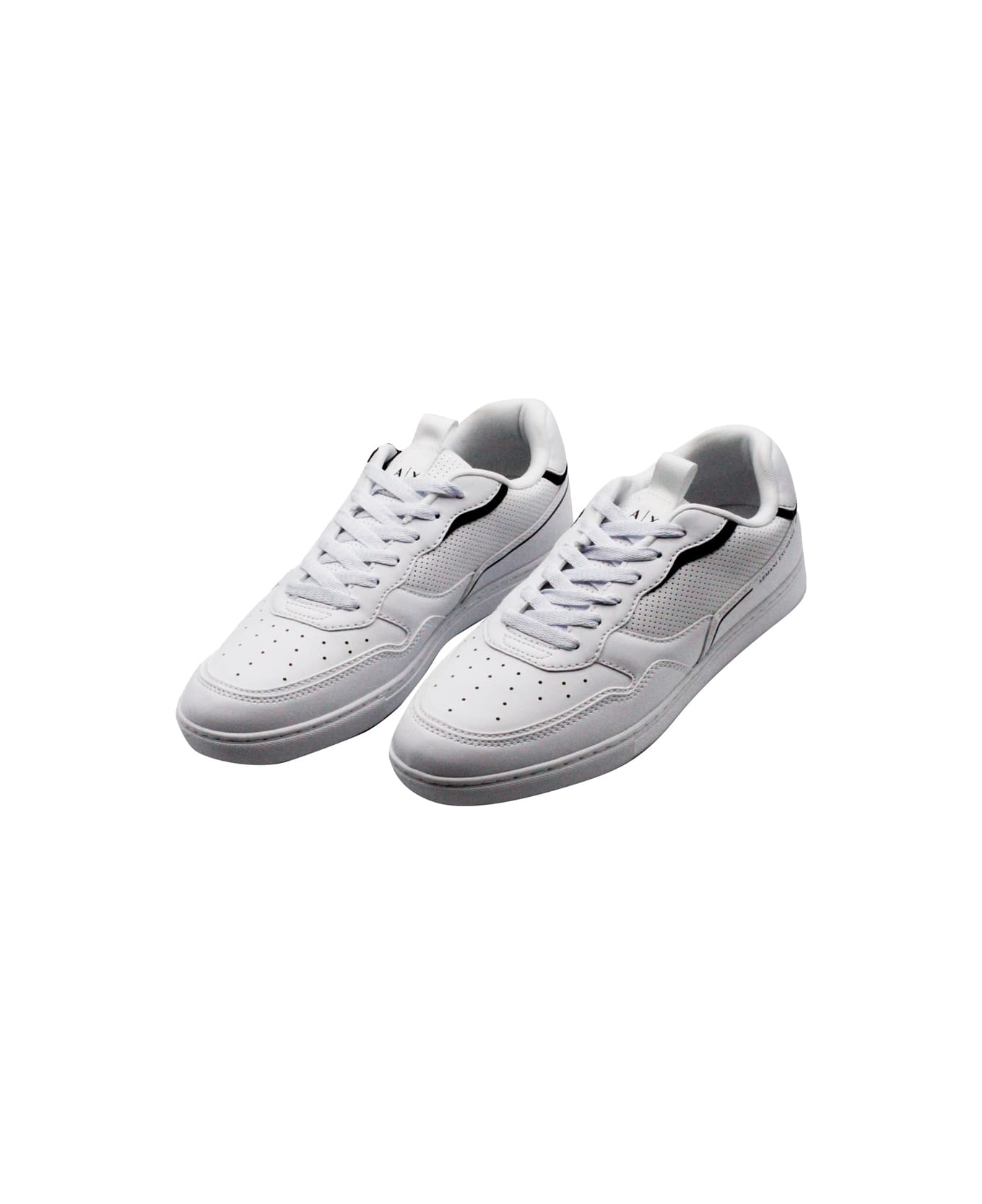 Armani Collezioni Sneakers In Soft Perforated Leather With Matching Sole And Lace Closure. Rear Logo - White