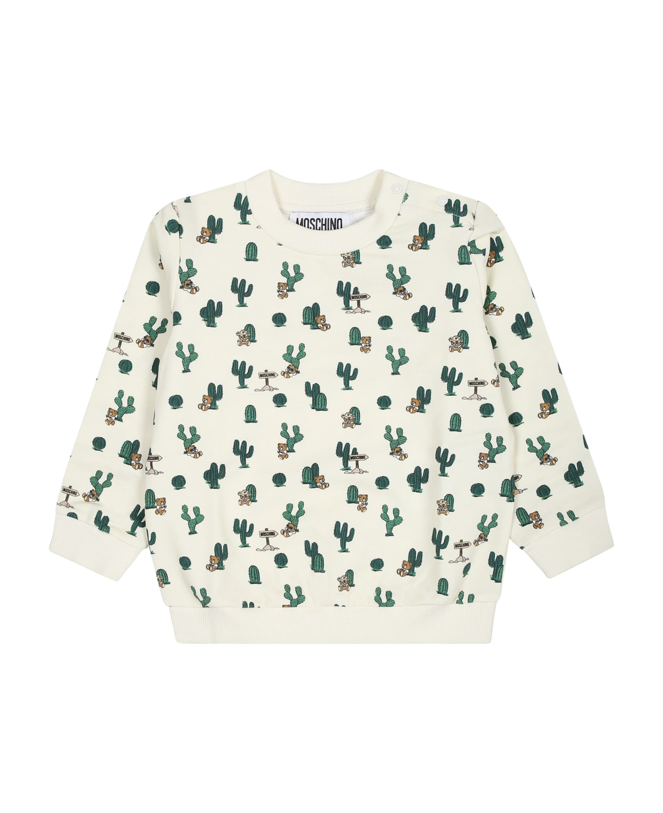 Moschino Ivory Sweatshirt For Baby Boy With Teddy Bear And Cactus - Ivory