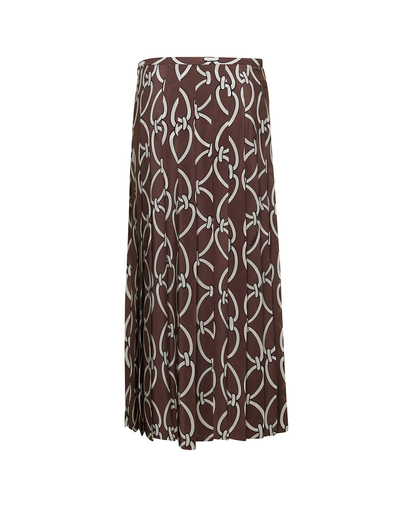 Valentino Garavani Midi Brown Pleated Skirt With Valentino Chain 1967 Print In Silk Woman - Brown
