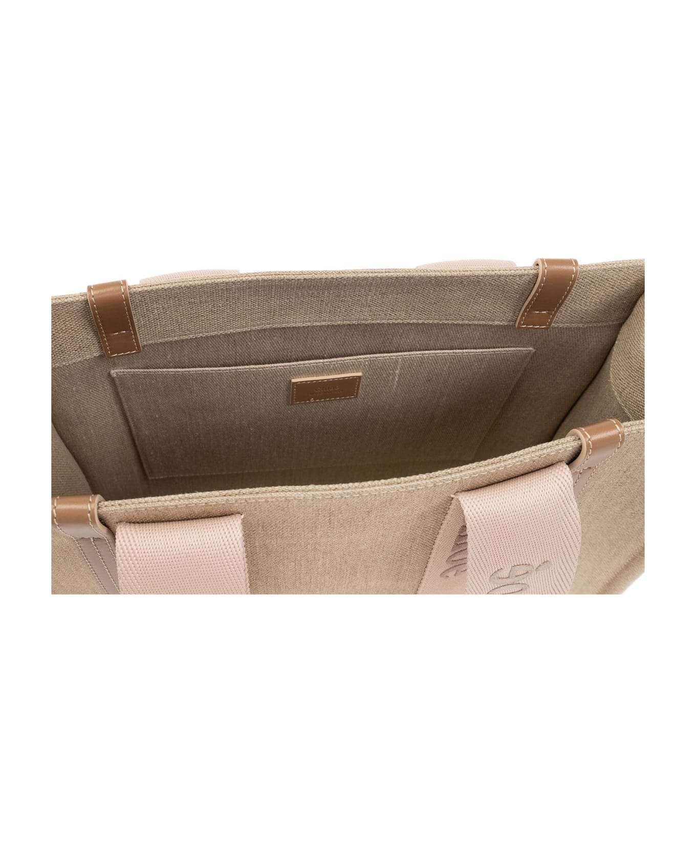Chloé Pink And Beige Woody Medium Shopping Bag With Shoulder Strap - Beige トートバッグ