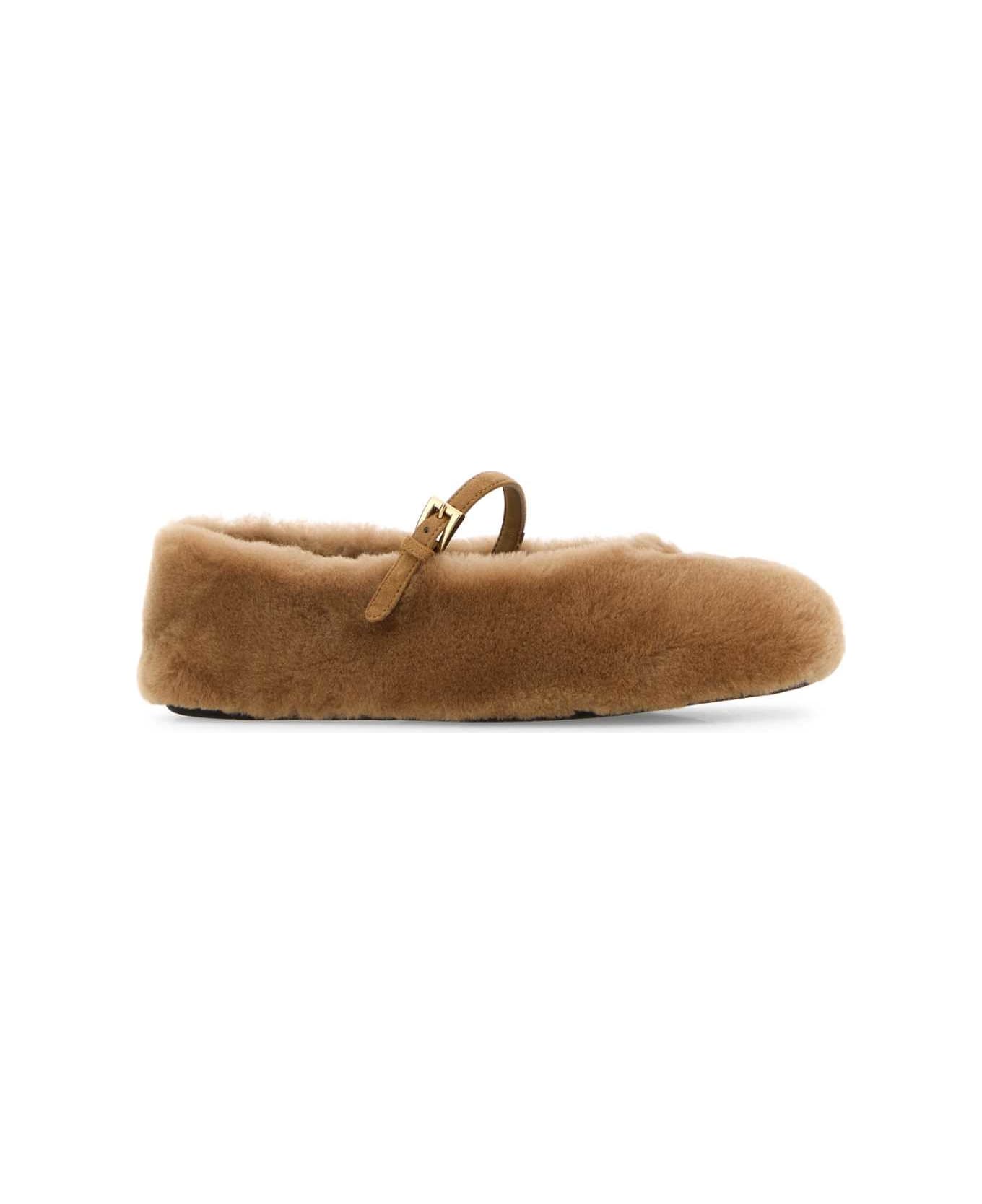 Prada Camel Shearling Ballerinas - CARAMEL